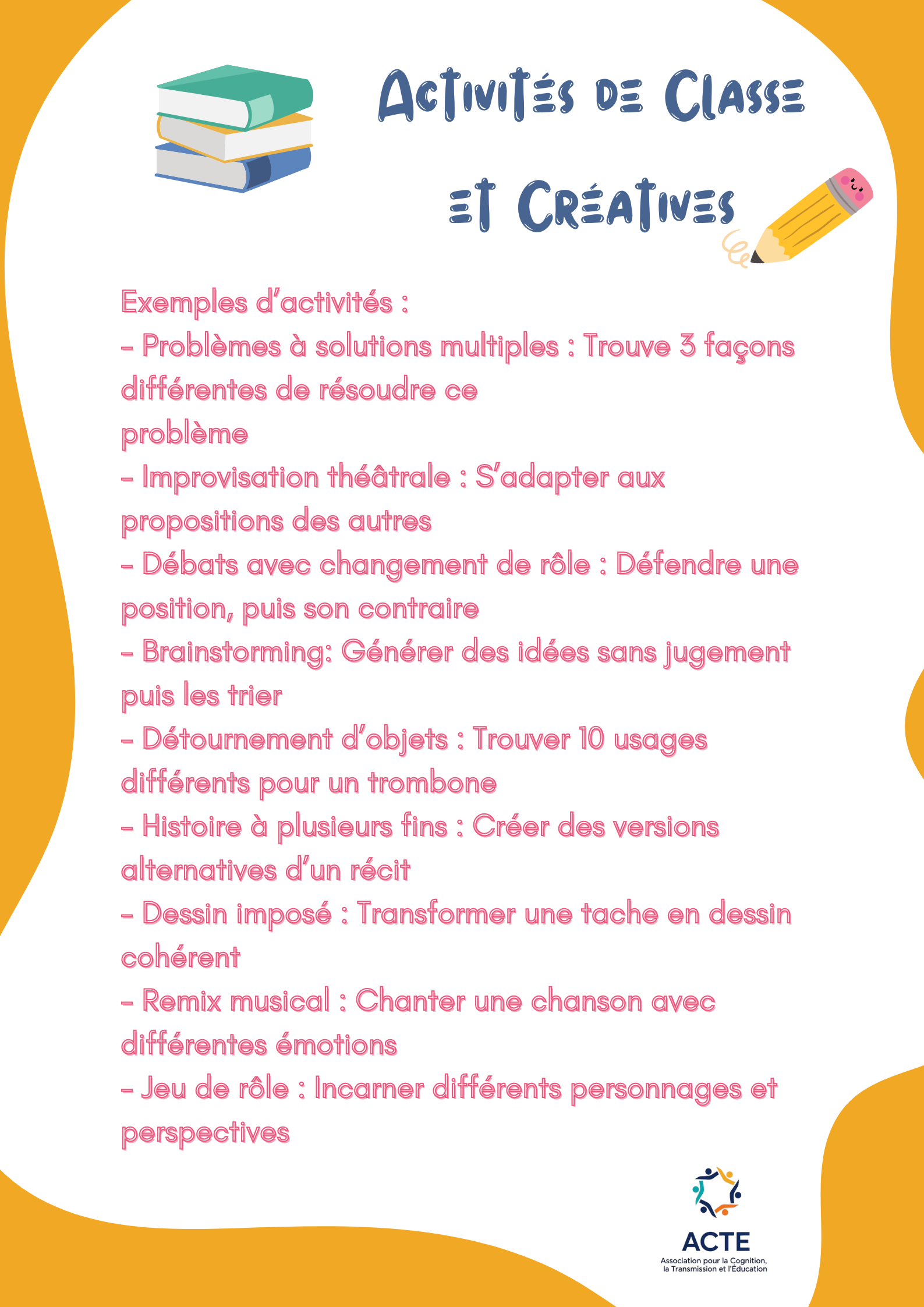 Liste d'activités de classe et créatives avec des exemples, comprenant des solutions à des problèmes, improvisation théâtrale, débats avec rotation de rôles, brainstorming, détournement d'objets, création d'histoires, dessin imposé, remix musical et jeu de rôle. Logo de l'ACTE à la base.