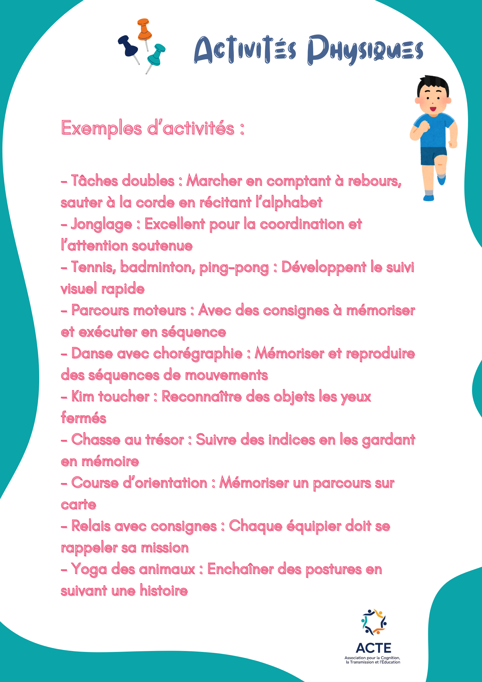 Une affiche avec le titre "Activités Physiques" et une liste d'exemples d'activités physiques en français. En haut à gauche, il y a des épingles colorées et à droite, une illustration d'un garçon en train de faire du jogging. En bas à droite, le logo de l'ACTE.