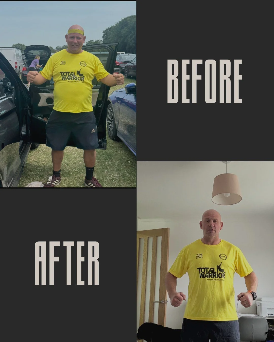 1 Year of Andy, 17kg Down 💪

Same Total Warrior T-shirt.
One year apart.
17kg lighter.
Stronger, fitter, and more confident in himself.

Andy has now been with us for a full year, and his progress speaks for itself.

He works a manual job, so traini