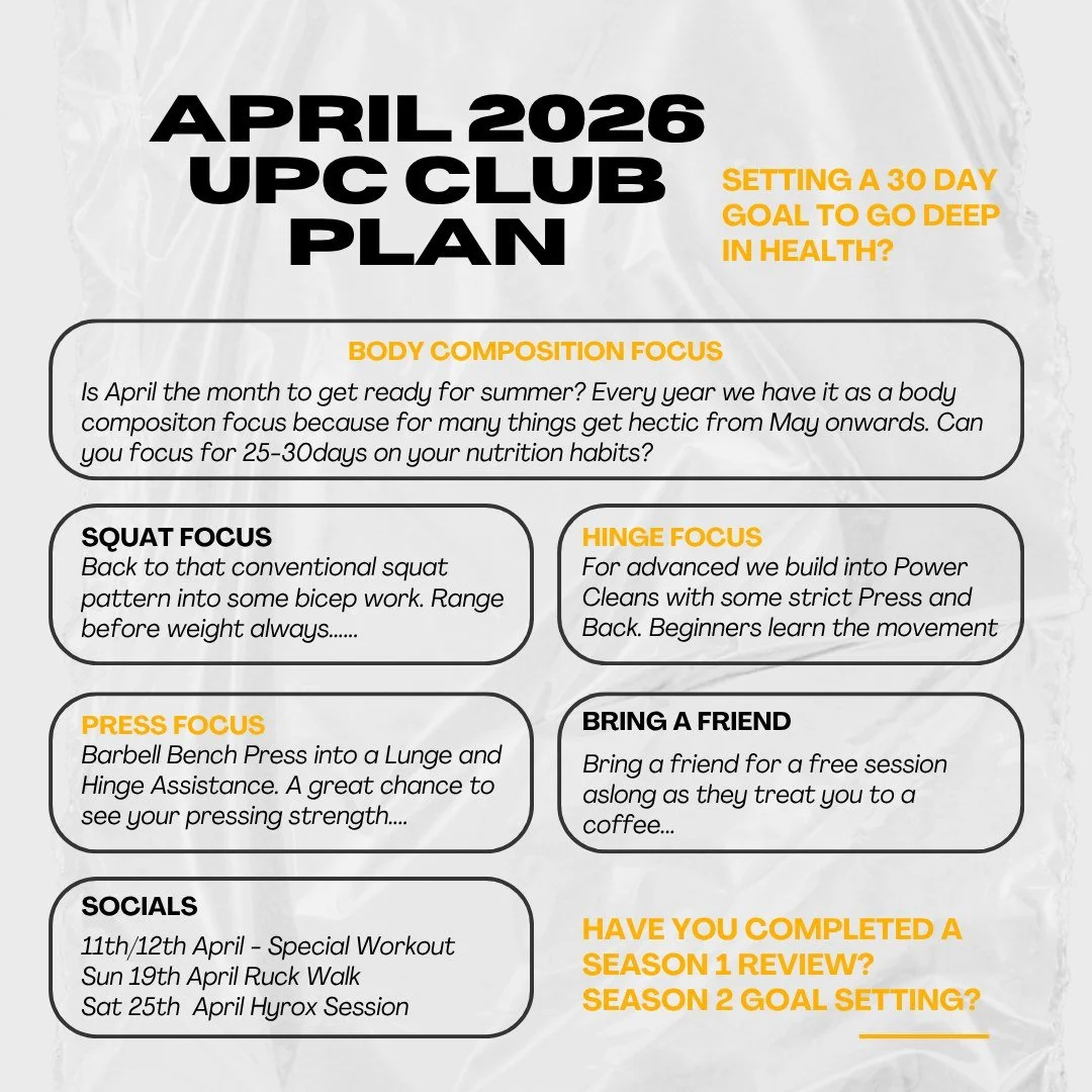 UPC CLUB APRIL BLOCK IS READY - In Person and Online Clients

The new month is here, and the focus is simple, body composition and consistency.

April is your chance to tighten up nutrition, train with intent, and build momentum before summer gets bu