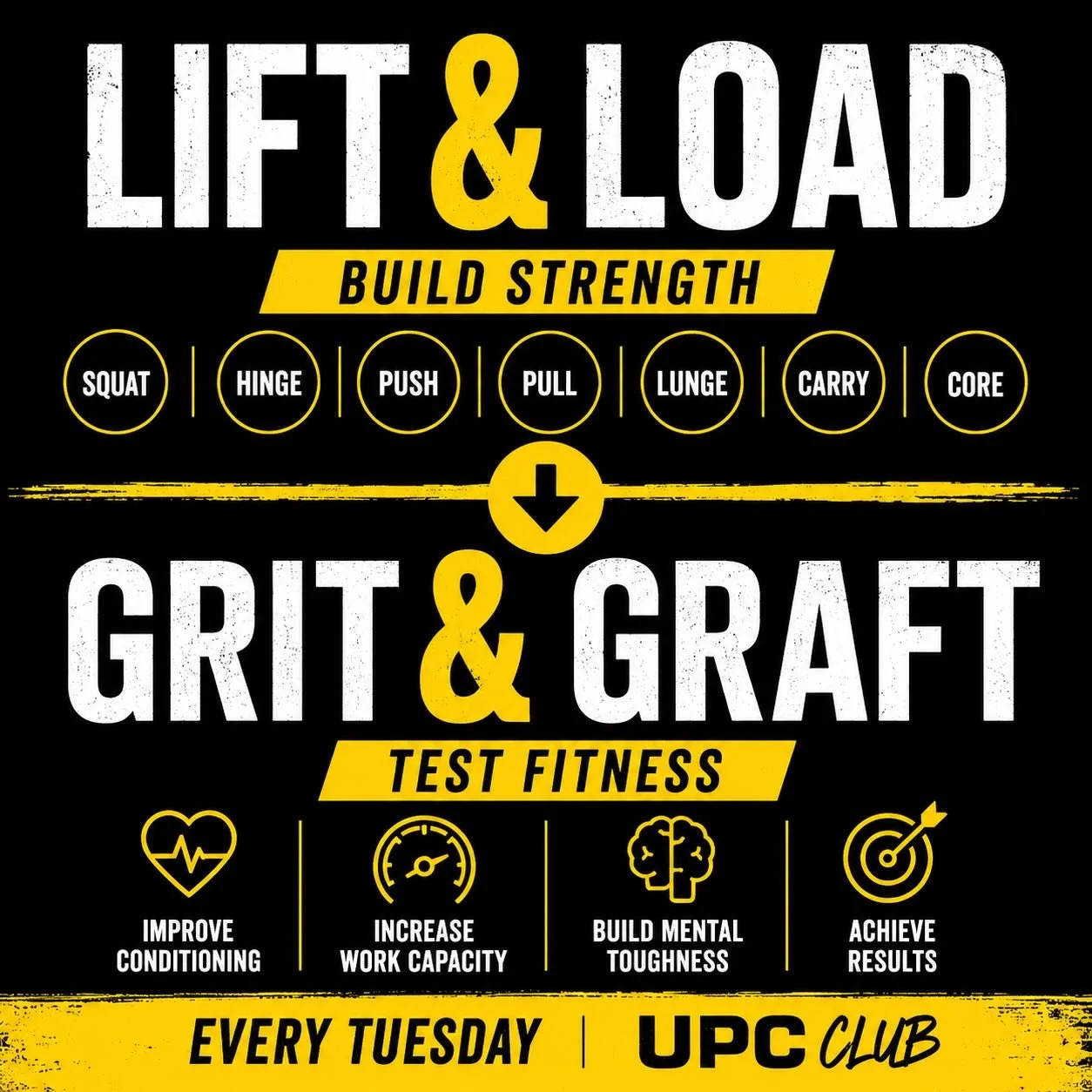 Tuesday = Lift &amp; Load ➜ Grit &amp; Graft

Our most popular session just got even better, as always scaled to all levels.

We now have four sessions every week that challenge you through a combination of strength and conditioning, helping you buil
