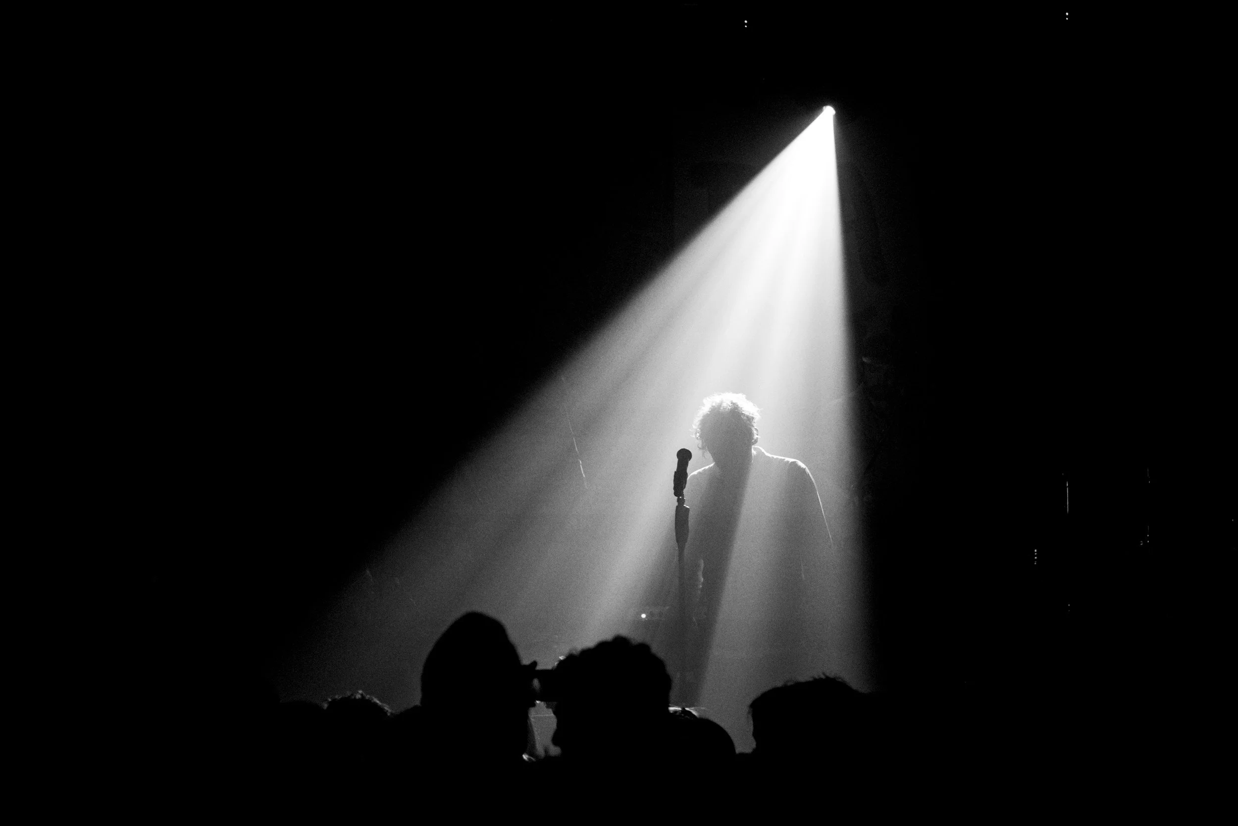 A black and white photo of a performer on stage, illuminated by a bright spotlight from above, with the audience silhouette in the foreground.