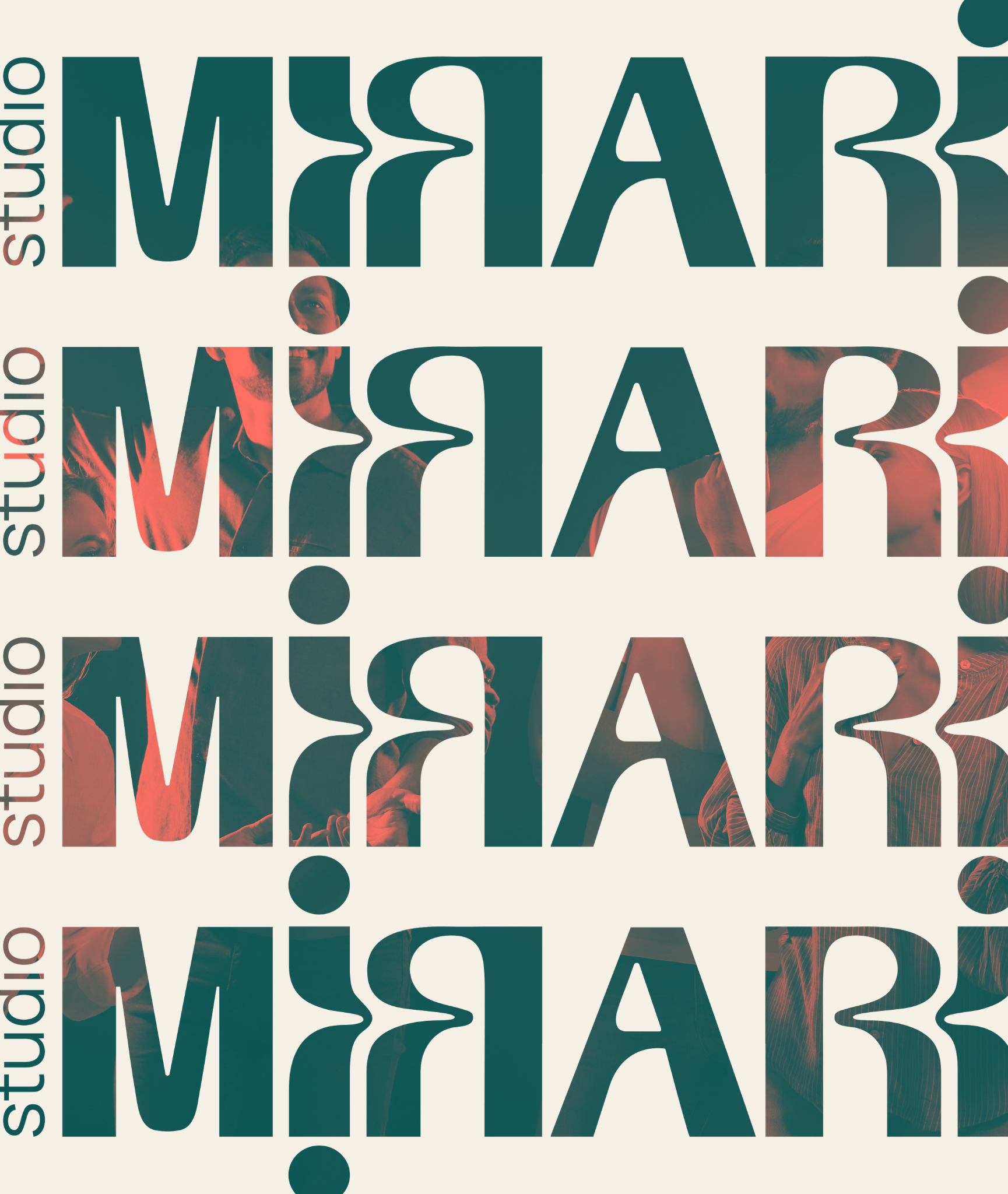Studio Mirari's signature repetitive graphic design with the words 'studio' and 'Mirari' in teal and coral colors, with a subtle image of a theatre groupe in the background.
