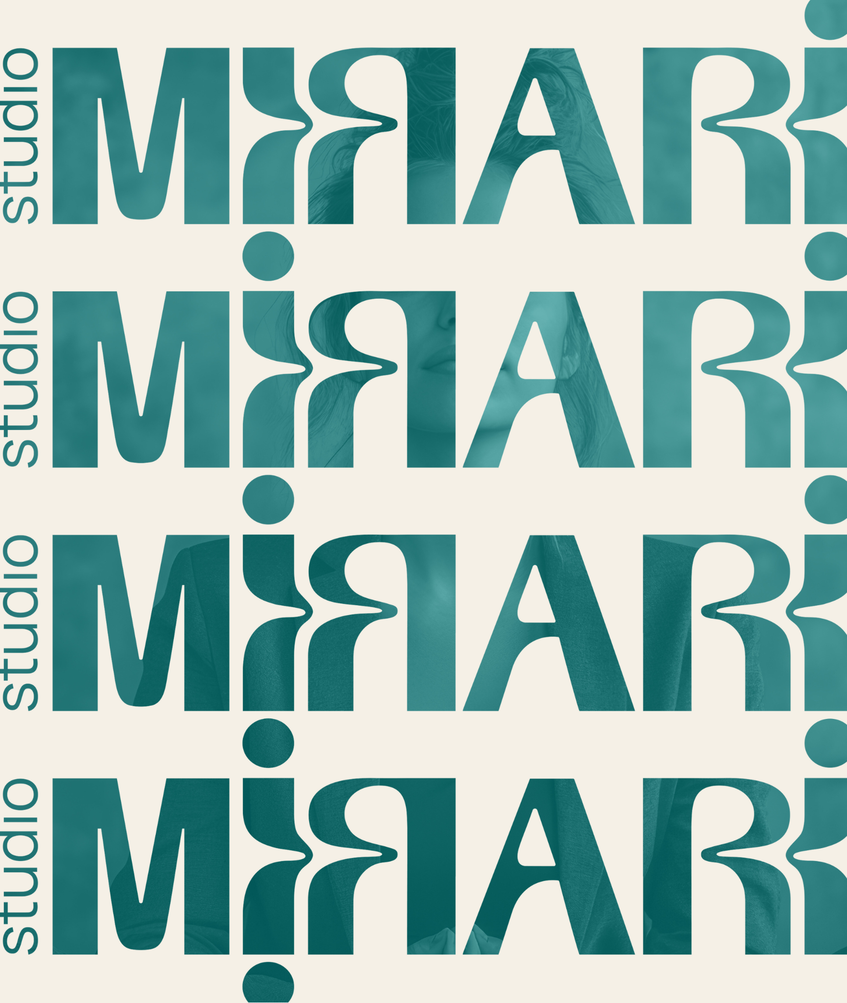 Studio Mirari's signature repetitive graphic design with the words 'studio' and 'Mirari' in teal and cream colors, with a subtle image of a woman's face in the background.
