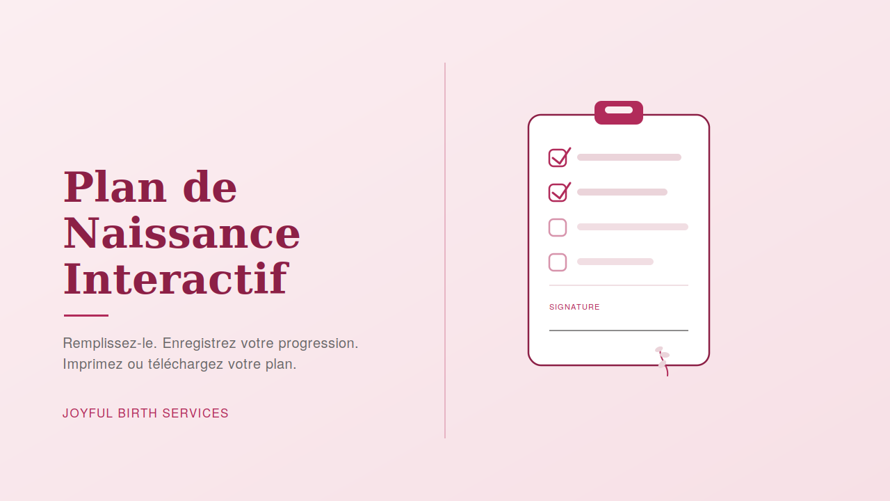 Image de couverture du Plan de Naissance Interactif — illustration d'un porte-bloc de plan de naissance avec ligne de signature, en tons magenta et rose poudré, par Joyful Birth Services