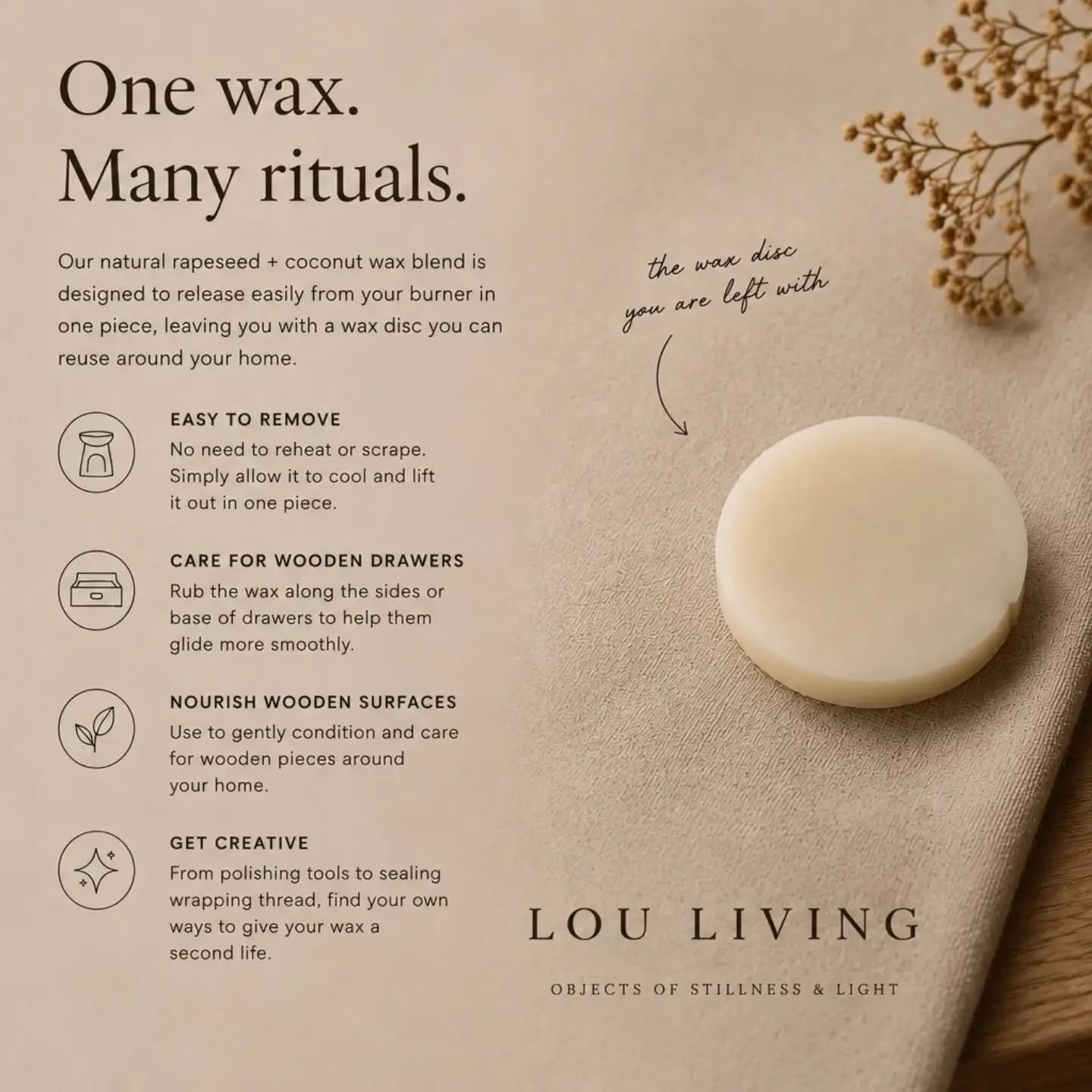 Wax melts launching 31st August ✨
Ever wondered what happens to the wax once the essential oil has been enjoyed?
I use a natural rapeseed + coconut wax blend, which means the cooled wax releases from your burner in one whole piece - no reheating, scr