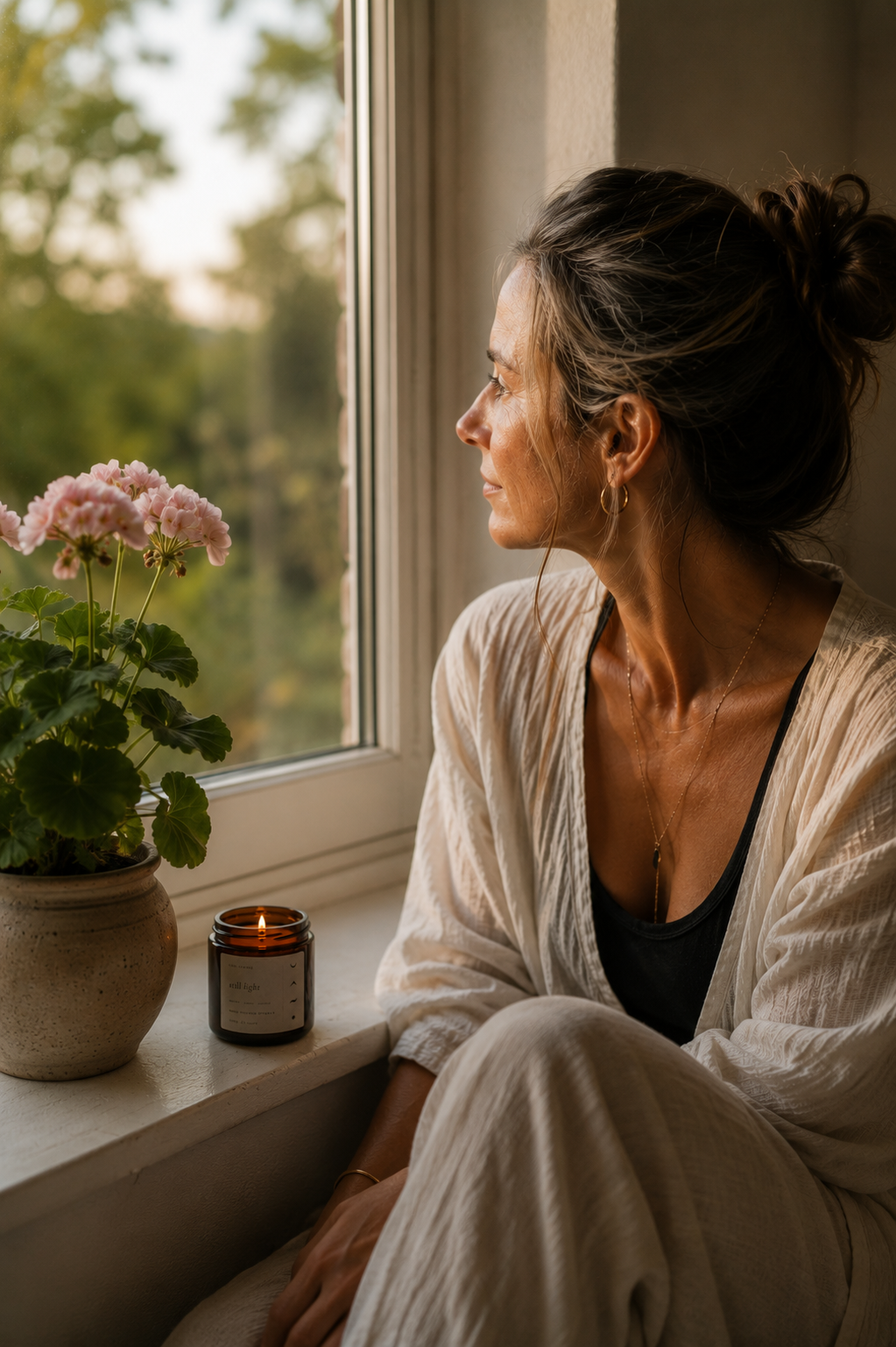 A woman with brown hair tied back, wearing a black top and cream-colored robe, sits by a window with her eyes closed. She is near a potted pink geranium plant and a lit aromatherapy candle on the windowsill, with a view of greenery outside.