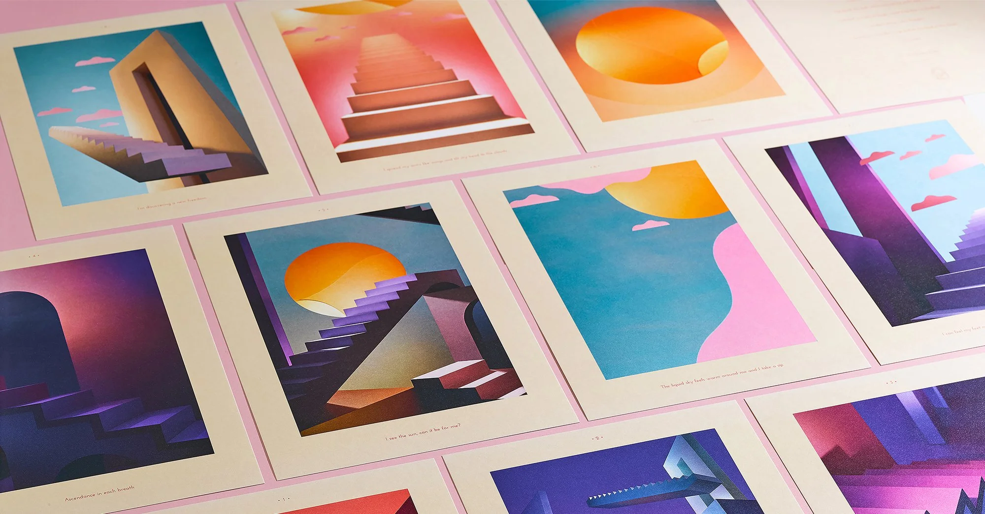 Collection of colorful digital art prints featuring abstract landscapes with stairs, stairs reaching to the sky, sunsets, water, and geometric shapes, arranged on a pink background.
