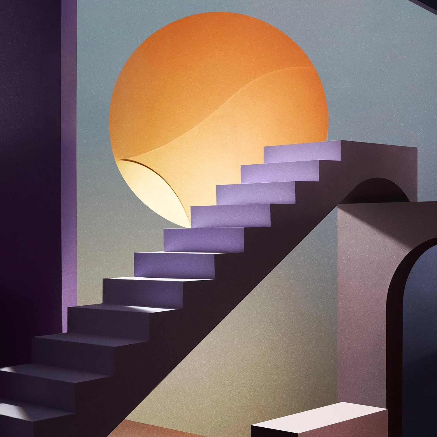 Abstract digital artwork featuring a staircase leading to a large orange-yellow sphere in the background, with geometric shapes and shadows creating a surreal scene.