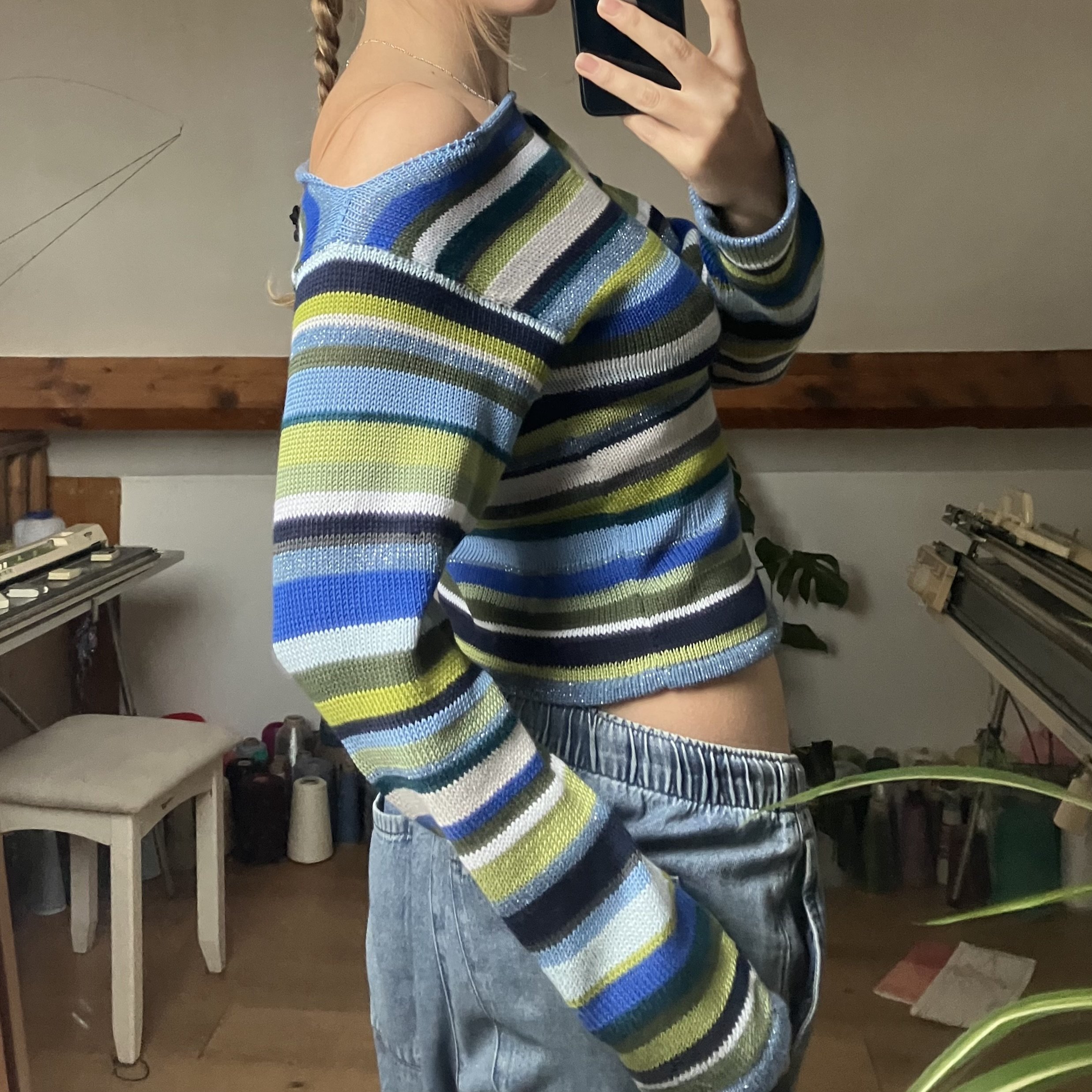 girly off the shoulder 90s y2k inspired graphic stripe sweater by CGKNIT