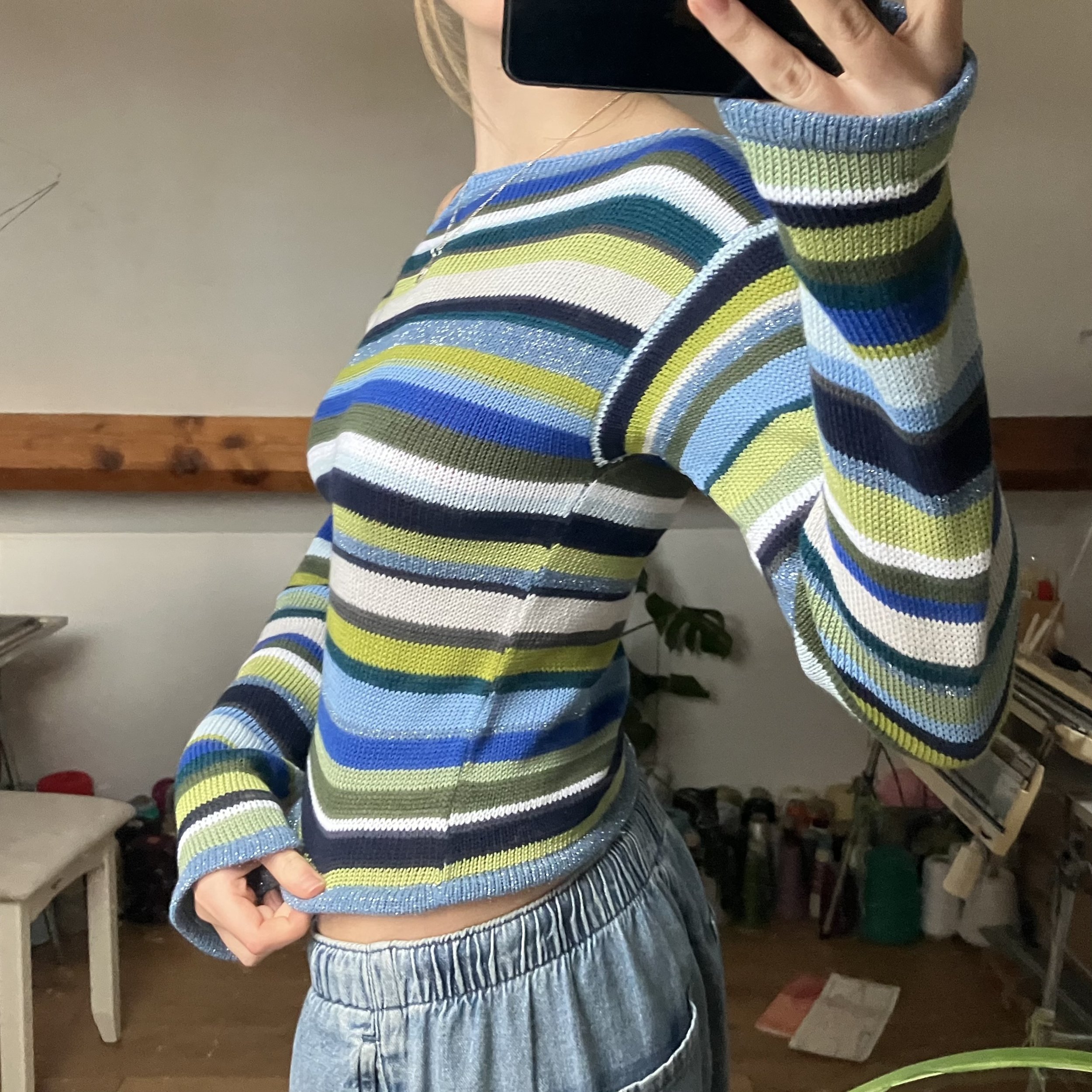 Off the shoulder cozy stripe jumper handmade in the uk