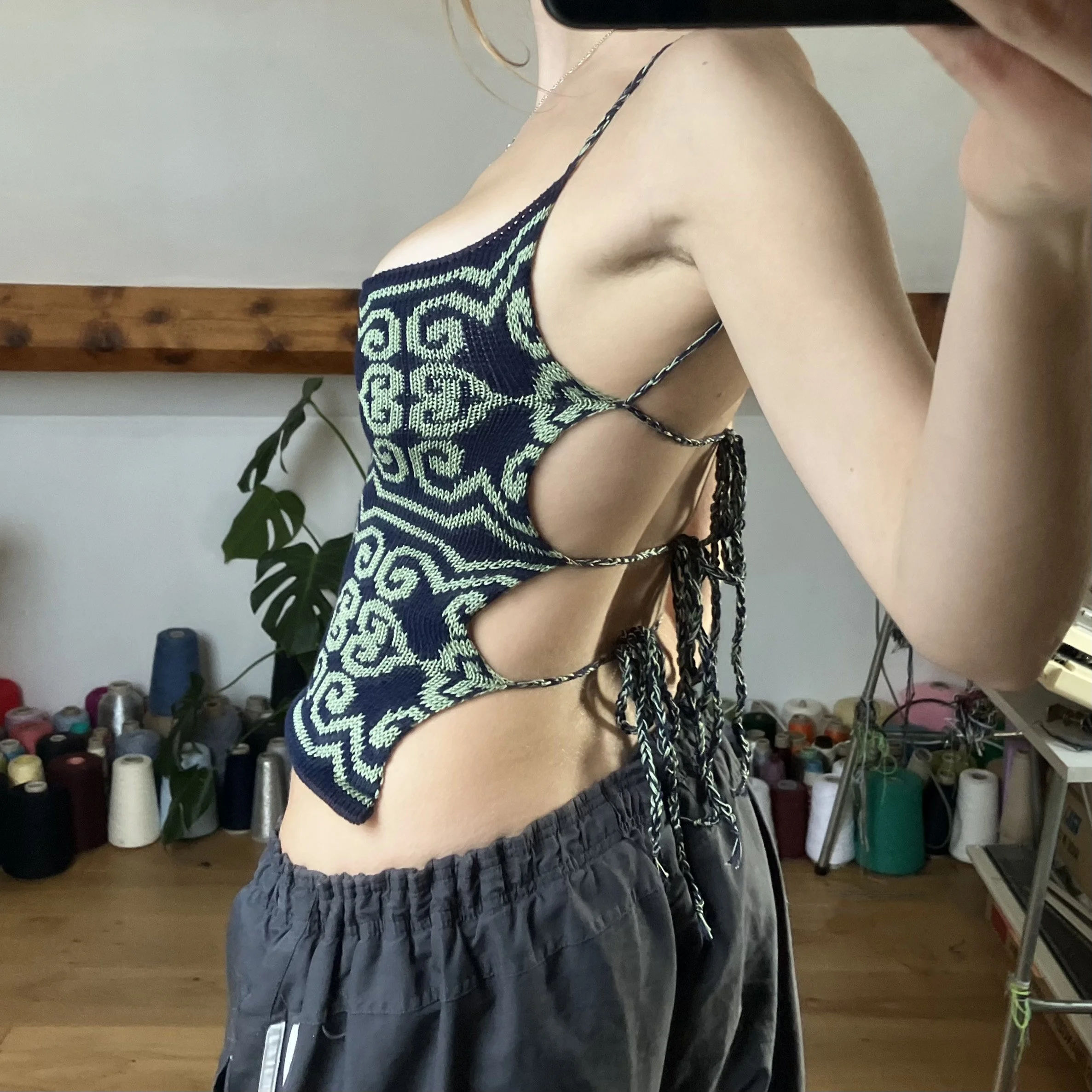 clubbing top backless strappy knitted graphic cami top with crochet straps and swirl design