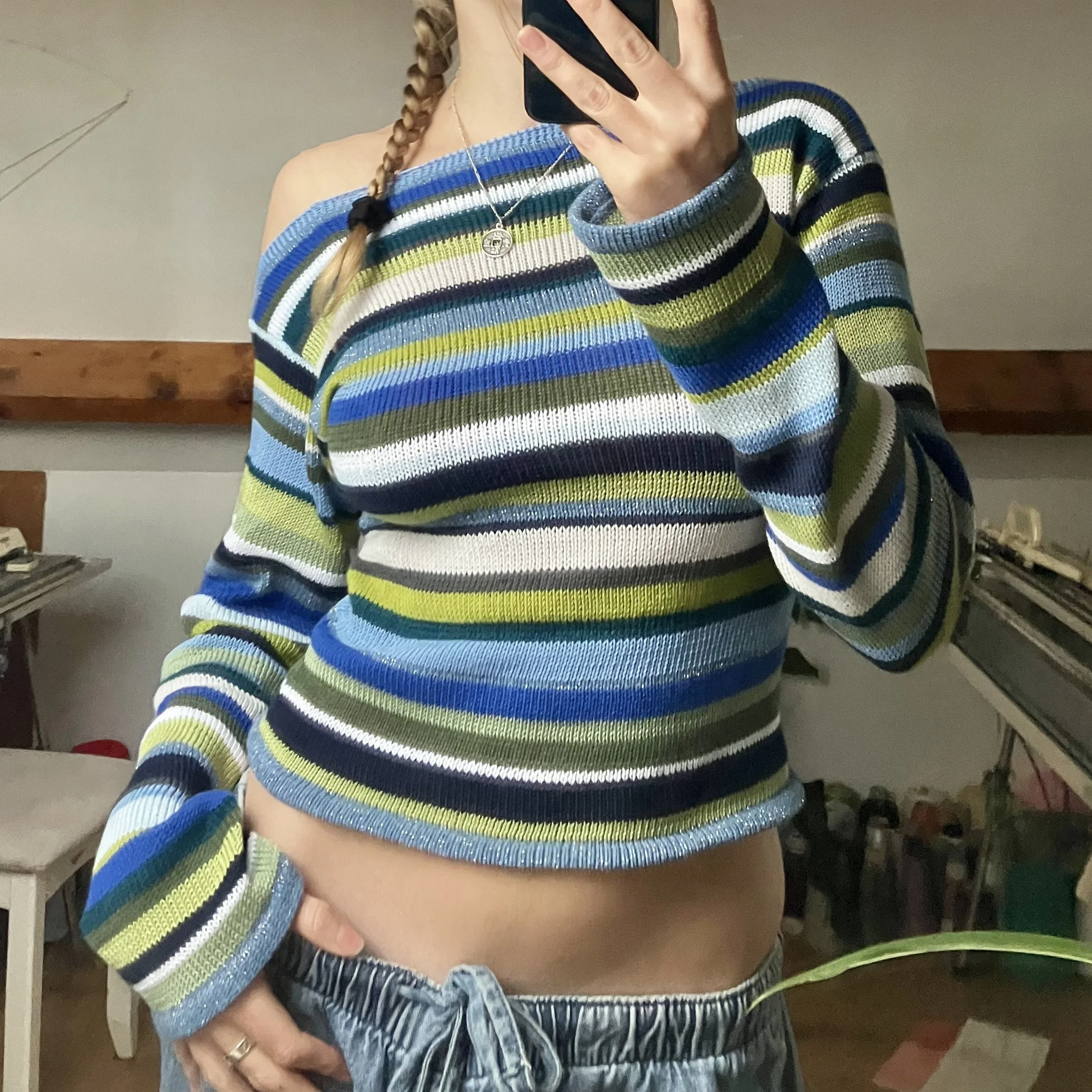 Off the shoulder long sleeve stripy cotton knitted top