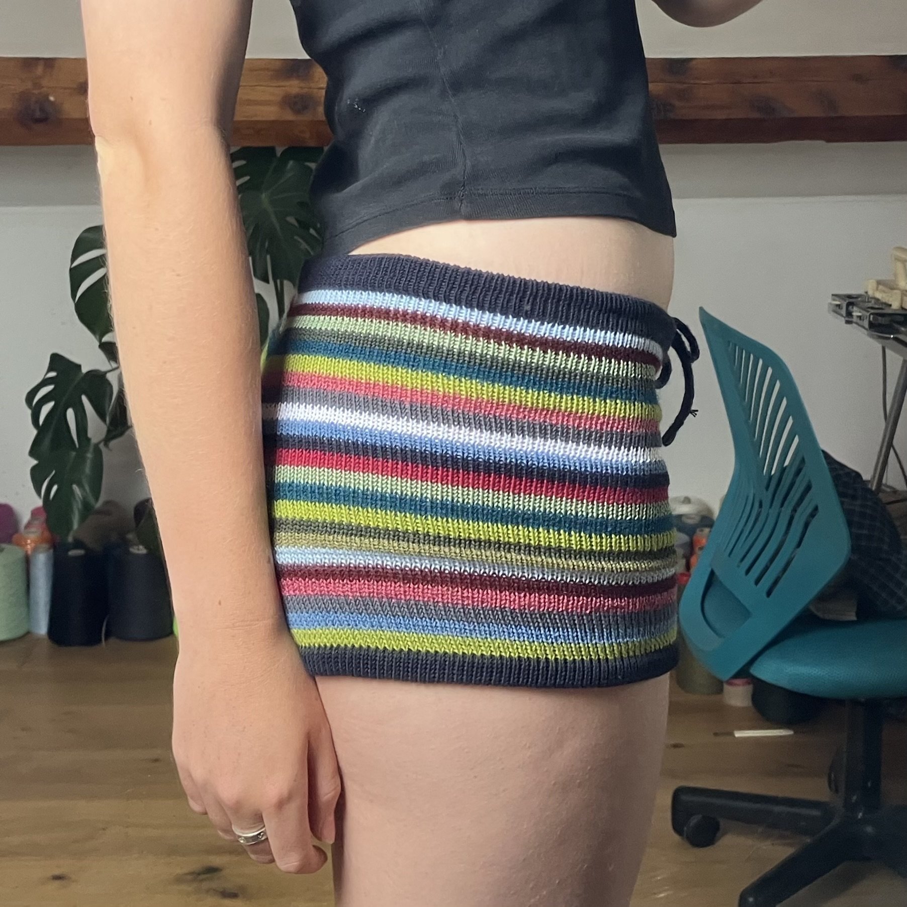 Handcrafted multicolour stripe knit shorts with adjustable drawstring and cozy waistband, perfect for Y2K boho hippy fairycore lovers seeking unique style