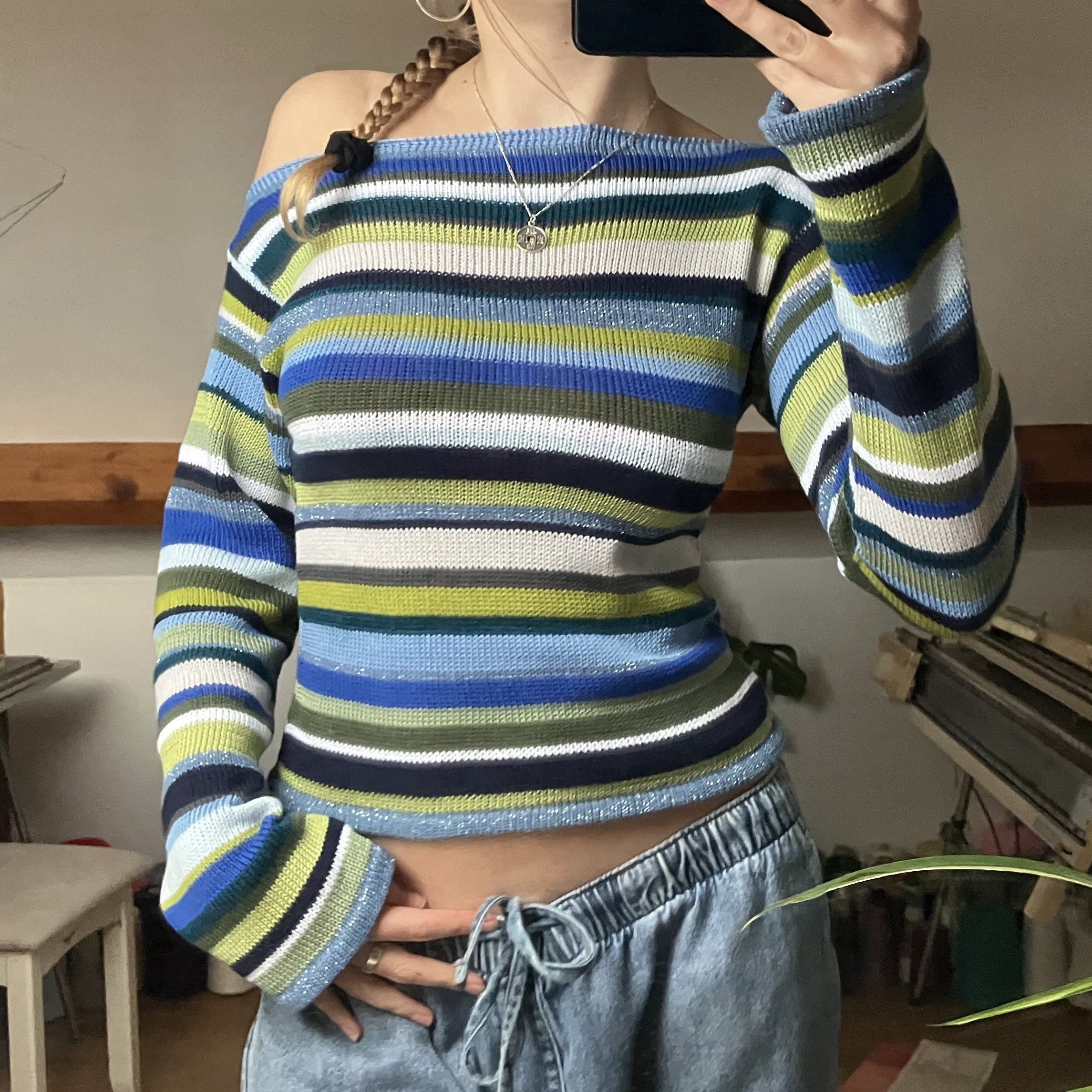 festival boho chic fairy y2k 90s bold graphic stripe fashionable stylish hippie multicoloured jumper sweater long sleeved top