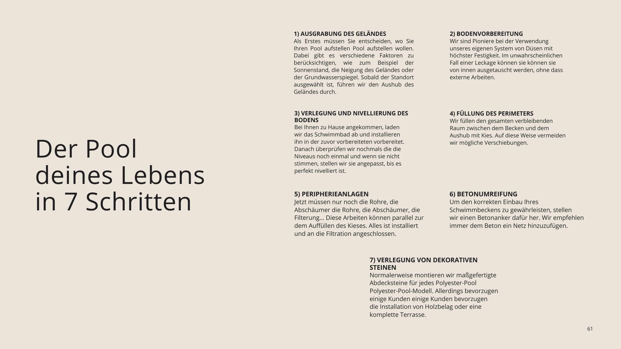 A beige informational page with black text titled 'Der Pool deines Lebens in 7 Schritten', divided into seven sections discussing steps for pool installation and maintenance.