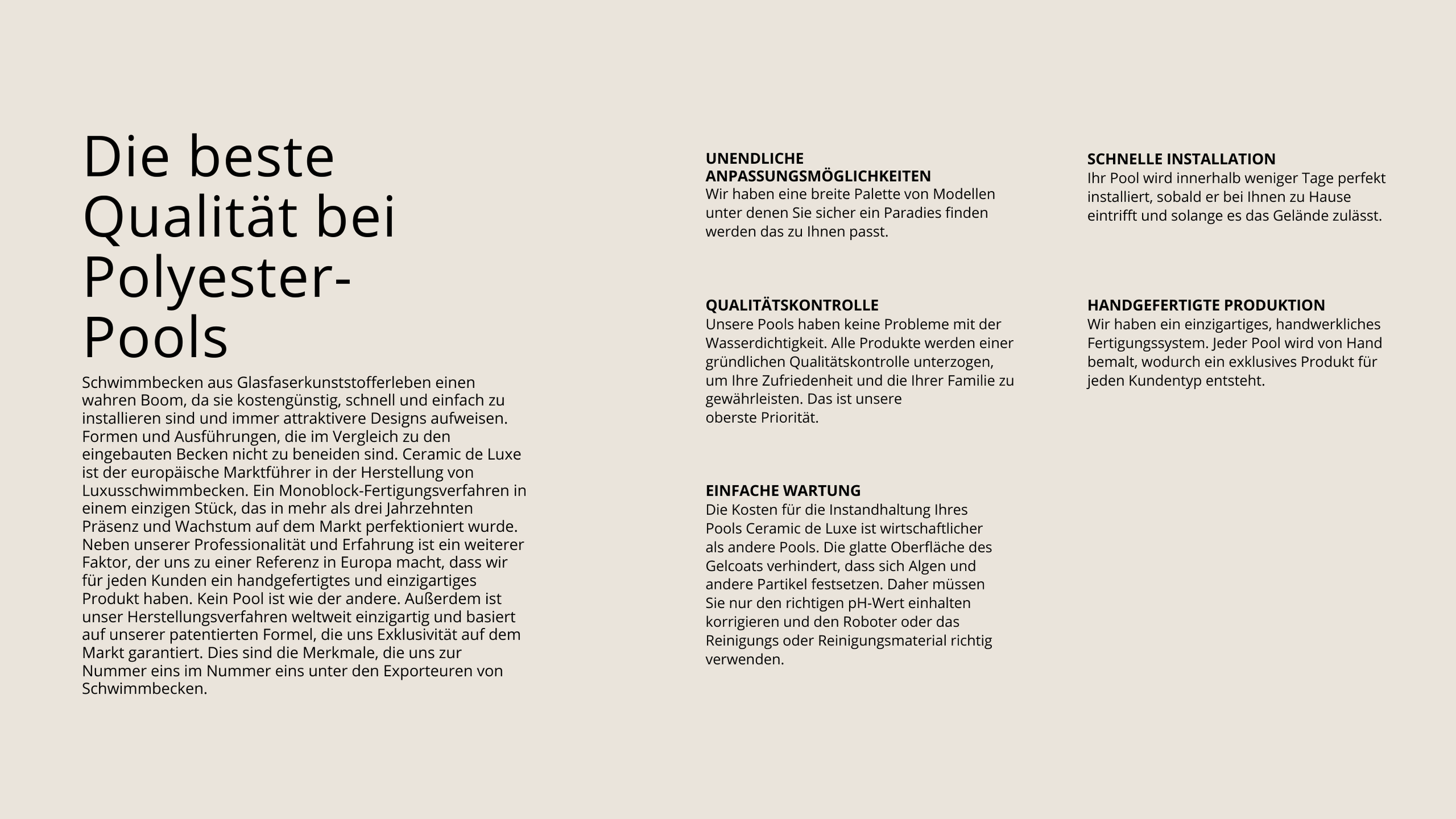 Informationstafel über Polyester-Pools mit Überschriften und Text in deutscher Sprache auf beigem Hintergrund.