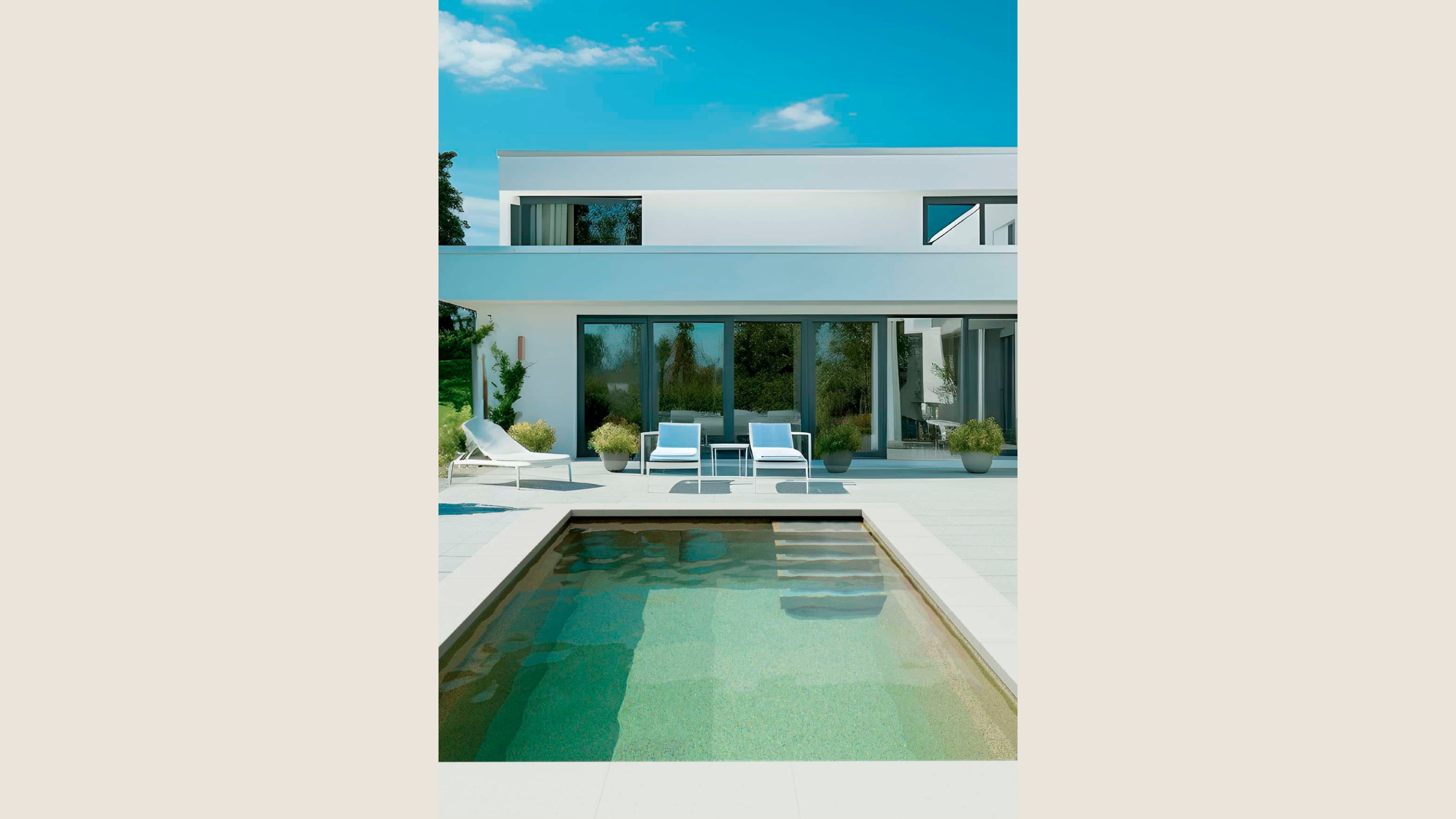 Modernes Haus mit Pool im Garten, Liegestühle und Gartenpflanzen bei sonnigem Himmel.