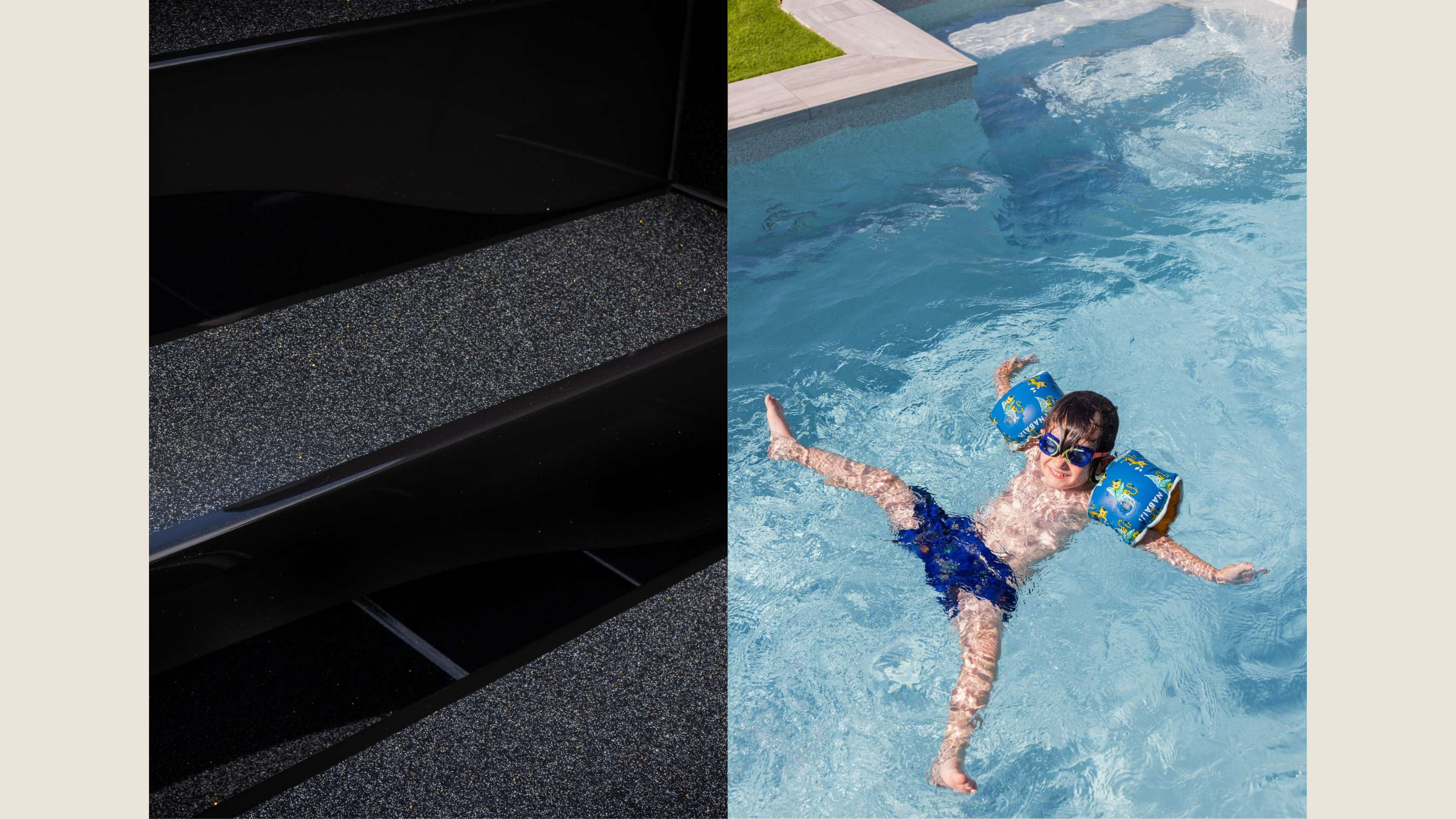 Getrennte Bilder von einem schwarzen Gartengerät mit Staub und einem Jungen im Pool mit Schwimmflügeln, Sonnenbrille und Schwimmreifen.
