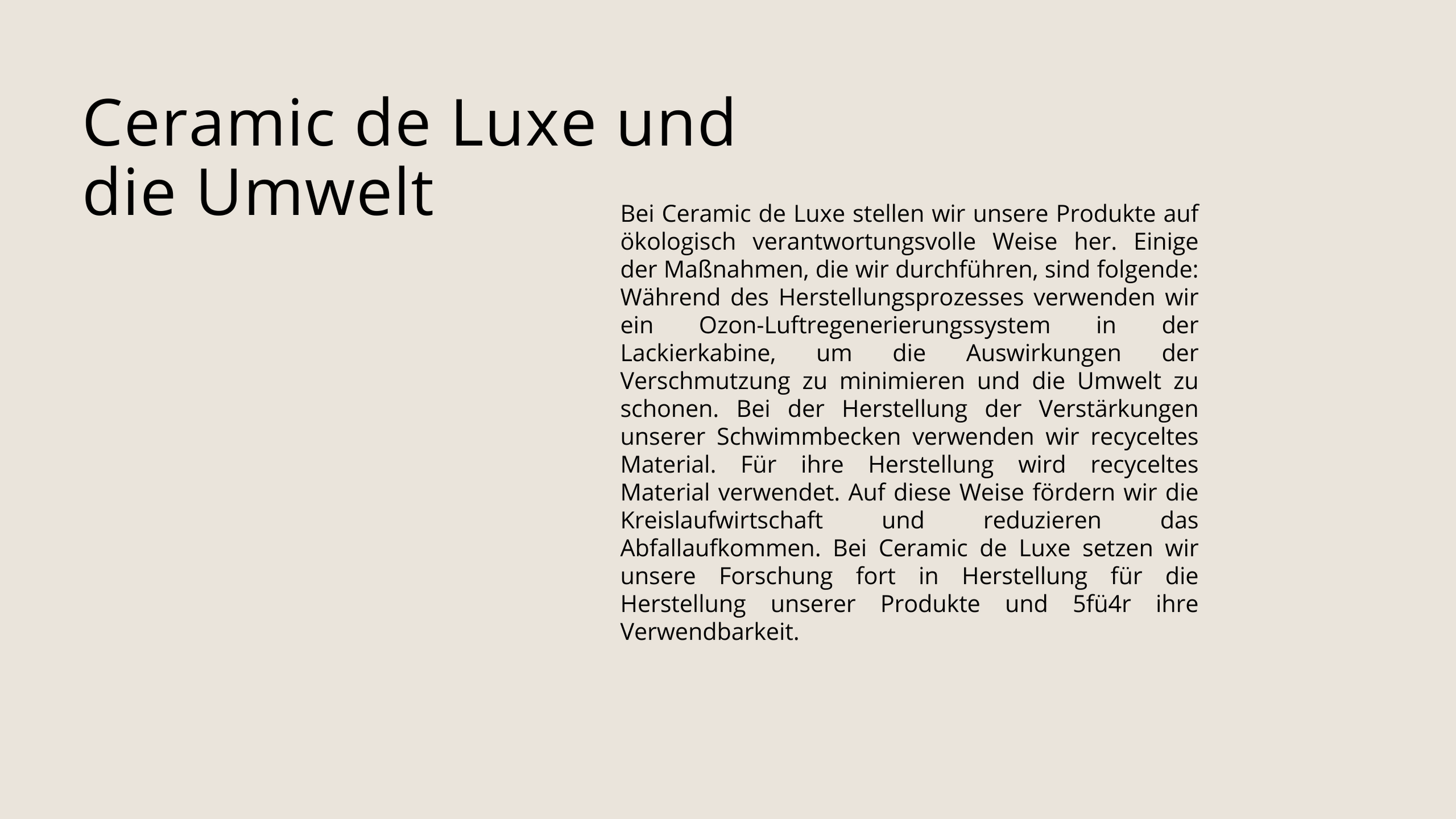 Text in deutscher Sprache über Umwelt und Nachhaltigkeit bei Ceramic de Luxe, in schwarzer Schrift auf beigem Hintergrund.