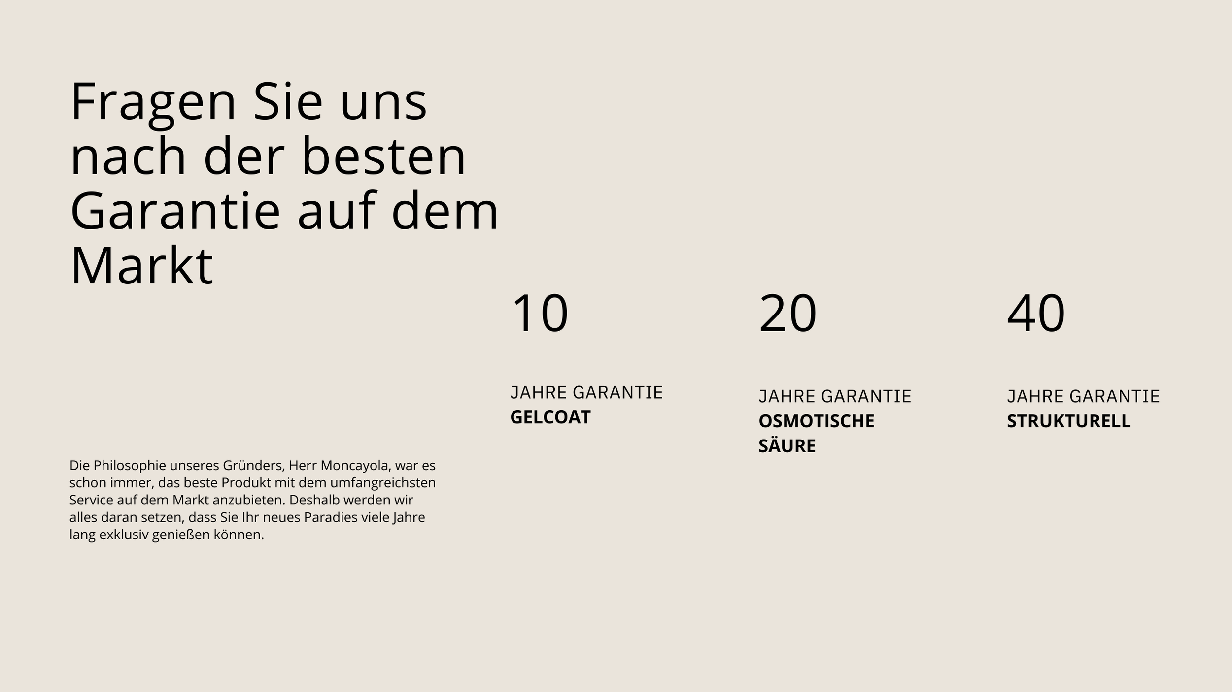 Grafik mit Überschrift in Deutsch, die über Garantiezeiten handelt. Es zeigt drei Hauptgarantiearten: Gelcoat, Osmotische Säure, Strukturell mit jeweiligen Jahren (10, 20, 40). Es gibt eine kurze Beschreibung am unteren linken Rand über die Philosoph