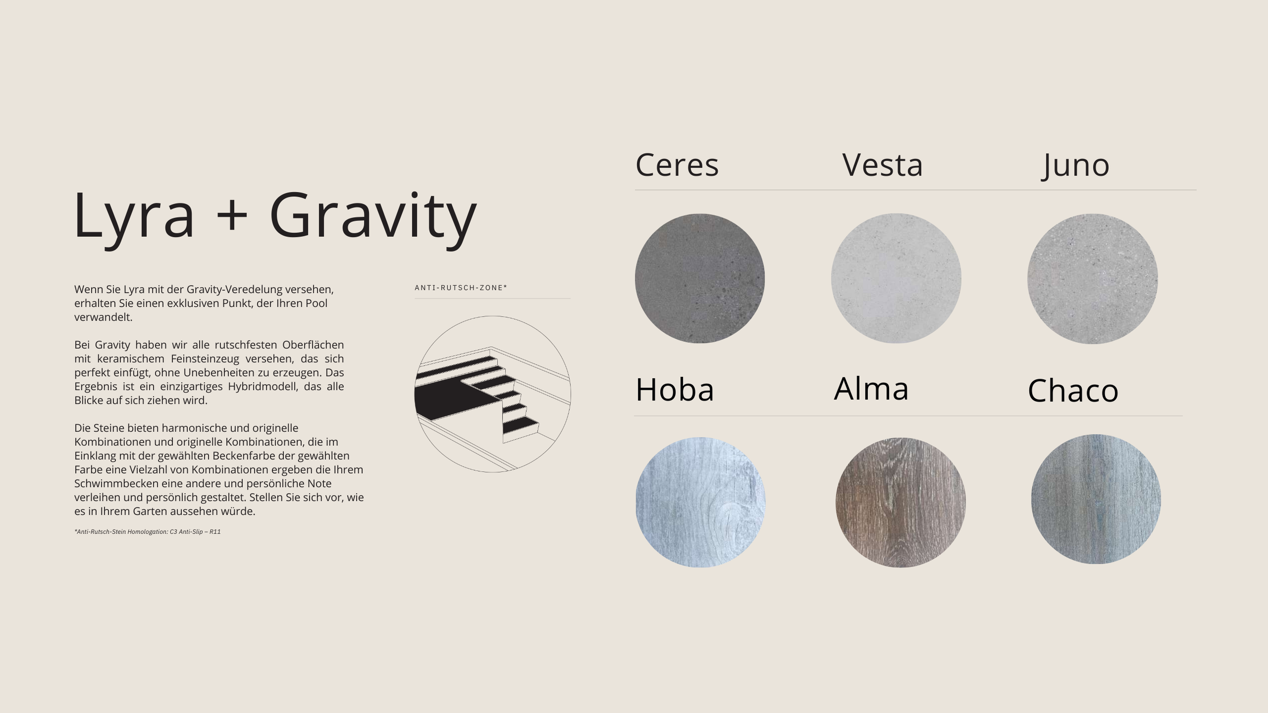 Produktbeschreibung und Farbauswahl für Lyra + Gravity Oberflächen, mit sechs verschiedenen Farbmustern darunter Ceres, Vesta, Juno, Hoba, Alma und Chaco.