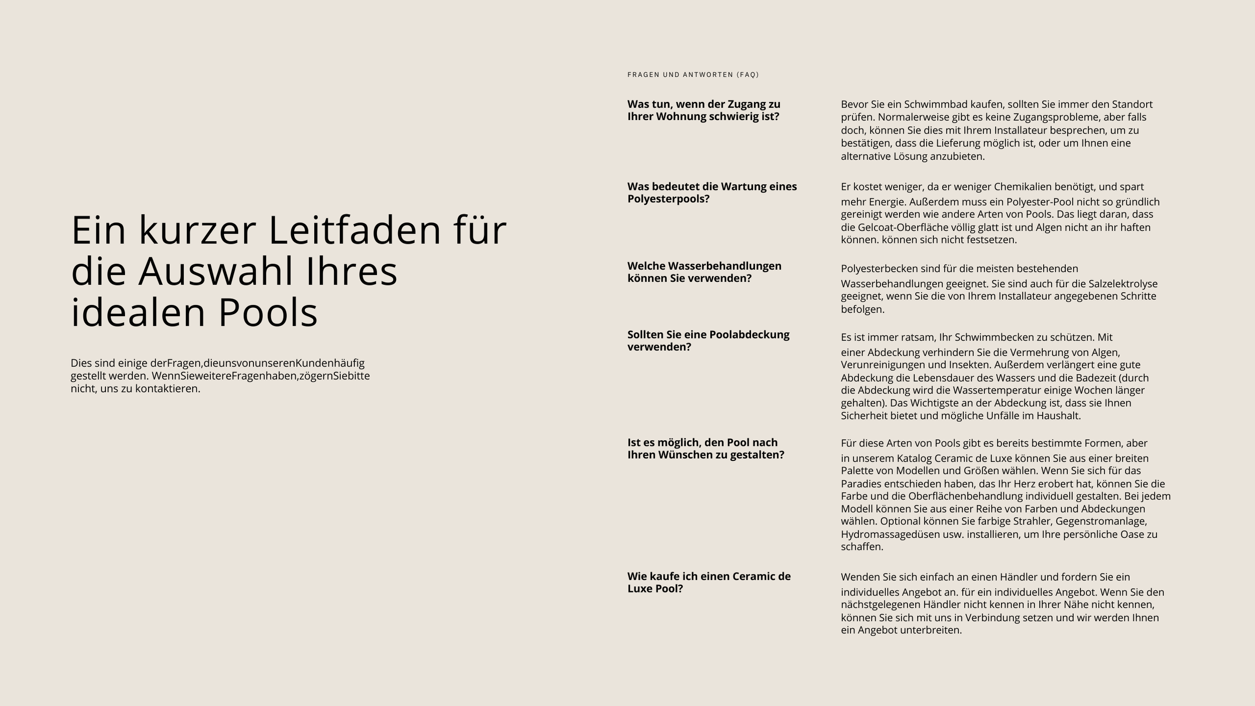 Kurzleitfaden für die Auswahl idealer Pools mit Fragen und Antworten zu Zugang, Wartung, Wasserbehandlungen, Poolabdeckung, Gestaltung und Kauf.