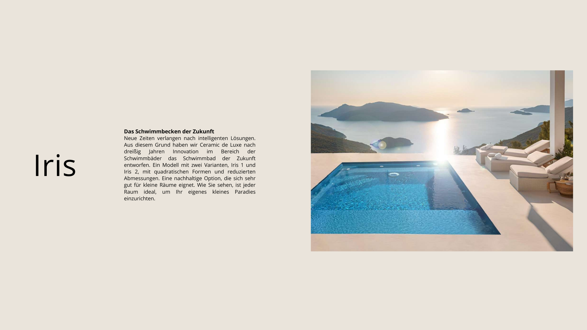 Ein moderner Infinity-Pool mit Blick auf eine Landschaft mit Seen und Bergen bei Sonnenuntergang, umgeben von Liegen und einem Sonnenschirm auf einem weißen Terrassenboden.