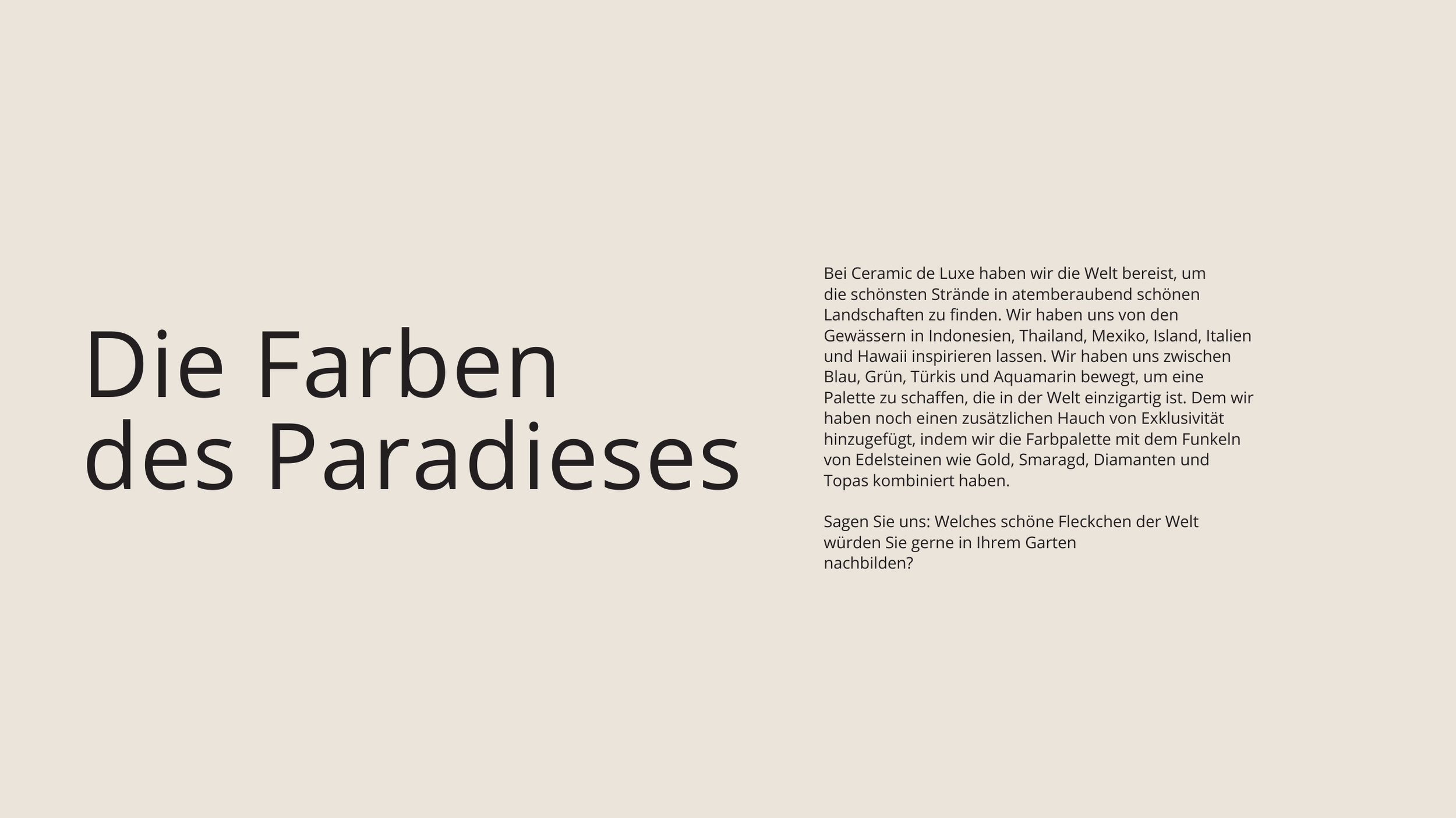 Ein auf hellem Hintergrund stehender Text mit dem Titel "Die Farben des Paradieses" und einem erläuternden Absatz über die Inspirationen und Farbpalette eines Designers, der verschiedene Naturfarben und Edelsteine kombiniert.