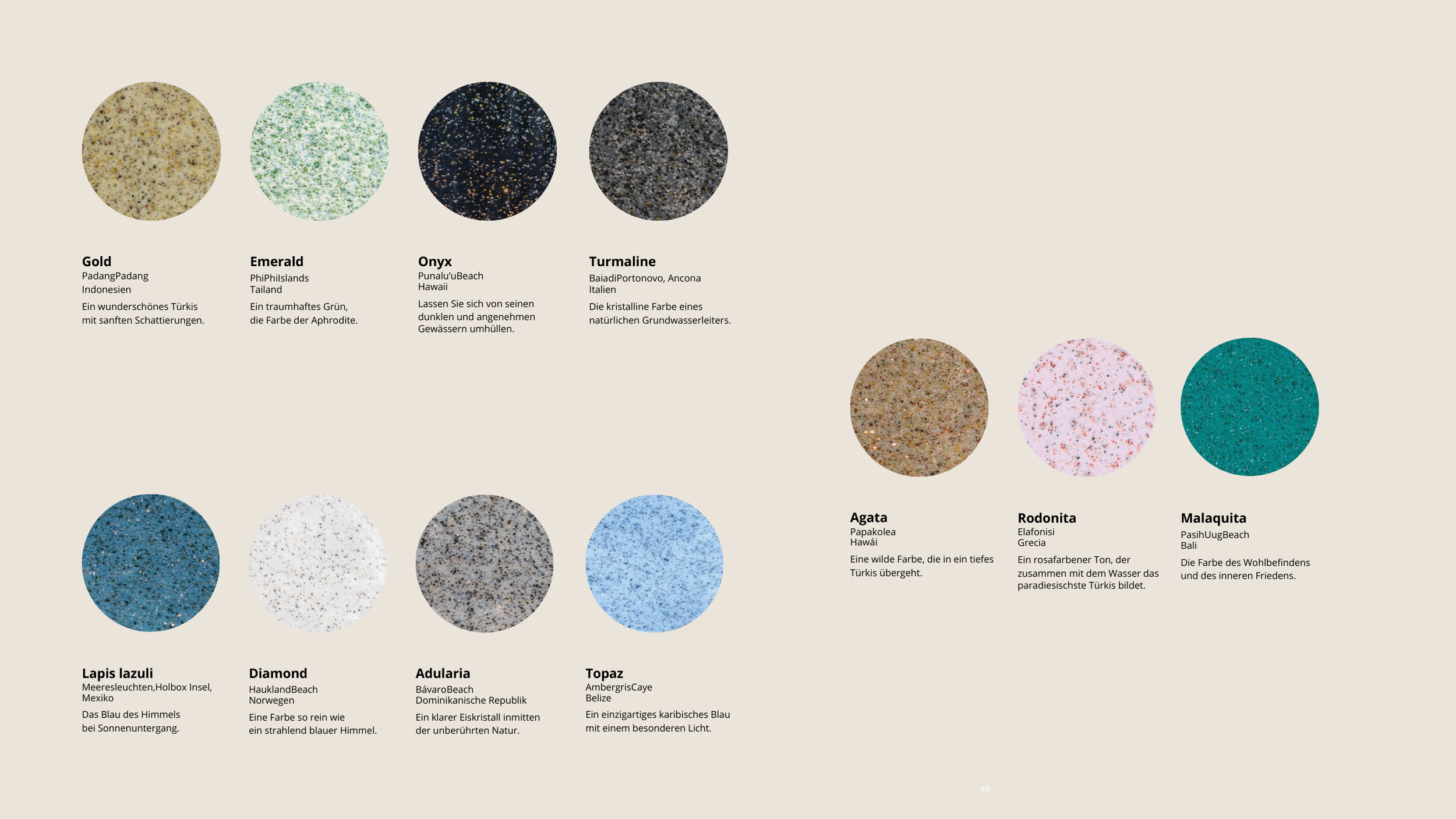 Verschiedene kreisförmige Mosaikmuster in unterschiedlichen Farben und Texturen, mit Beschreibungen darunter, darunter die Namen der Muster wie Gold, Emerald, Onyx, Turmaline, Agata, Rodonita, Malaquita, Lapis Lazuli, Diamond, Adularia und Topaz.