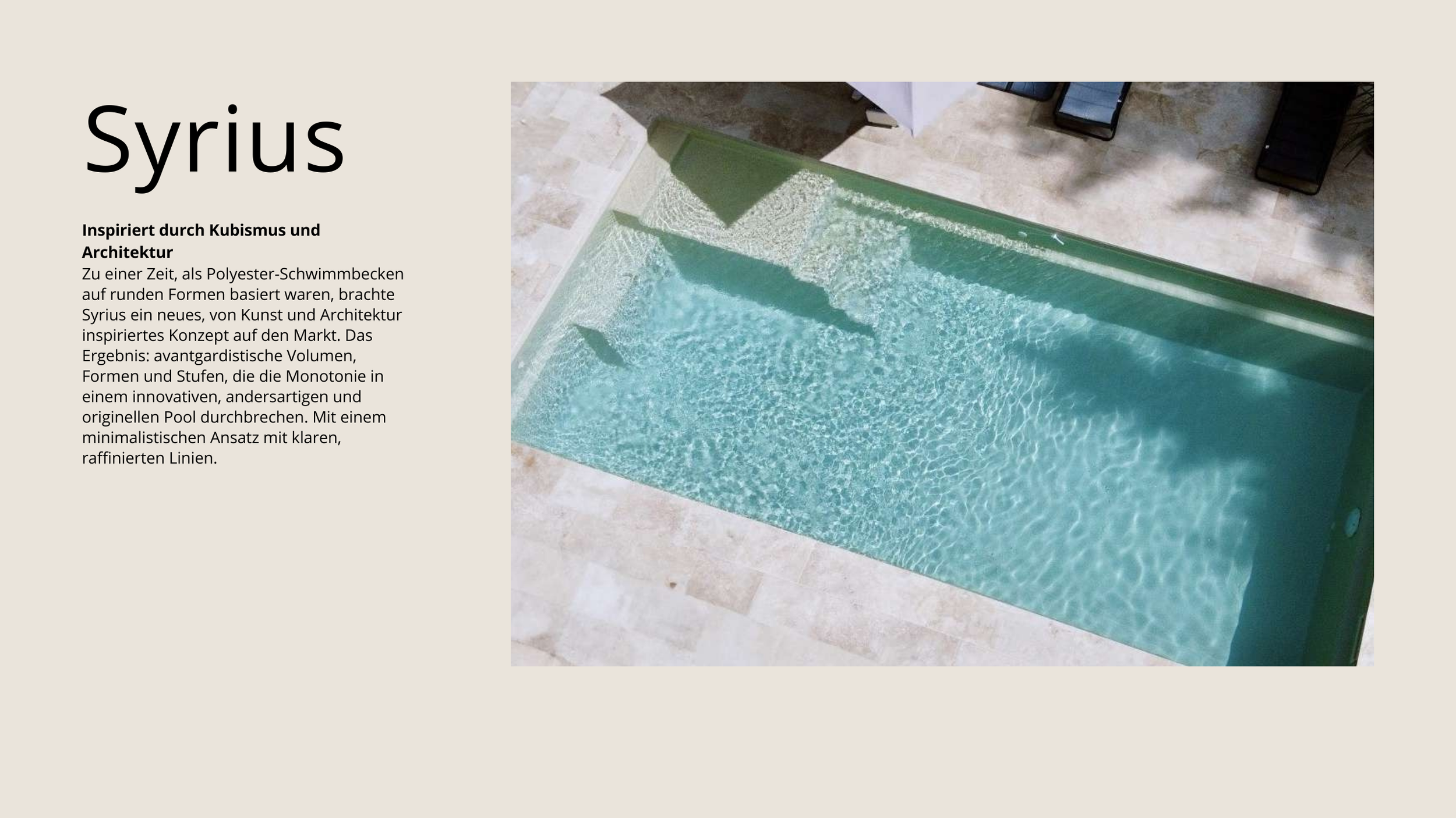 Optisches Design eines Swimmingpools mit minimalistischer Linienführung, Abmessungen und Wasserreflexionen, umgeben von Steinboden und Sonnenliegen.