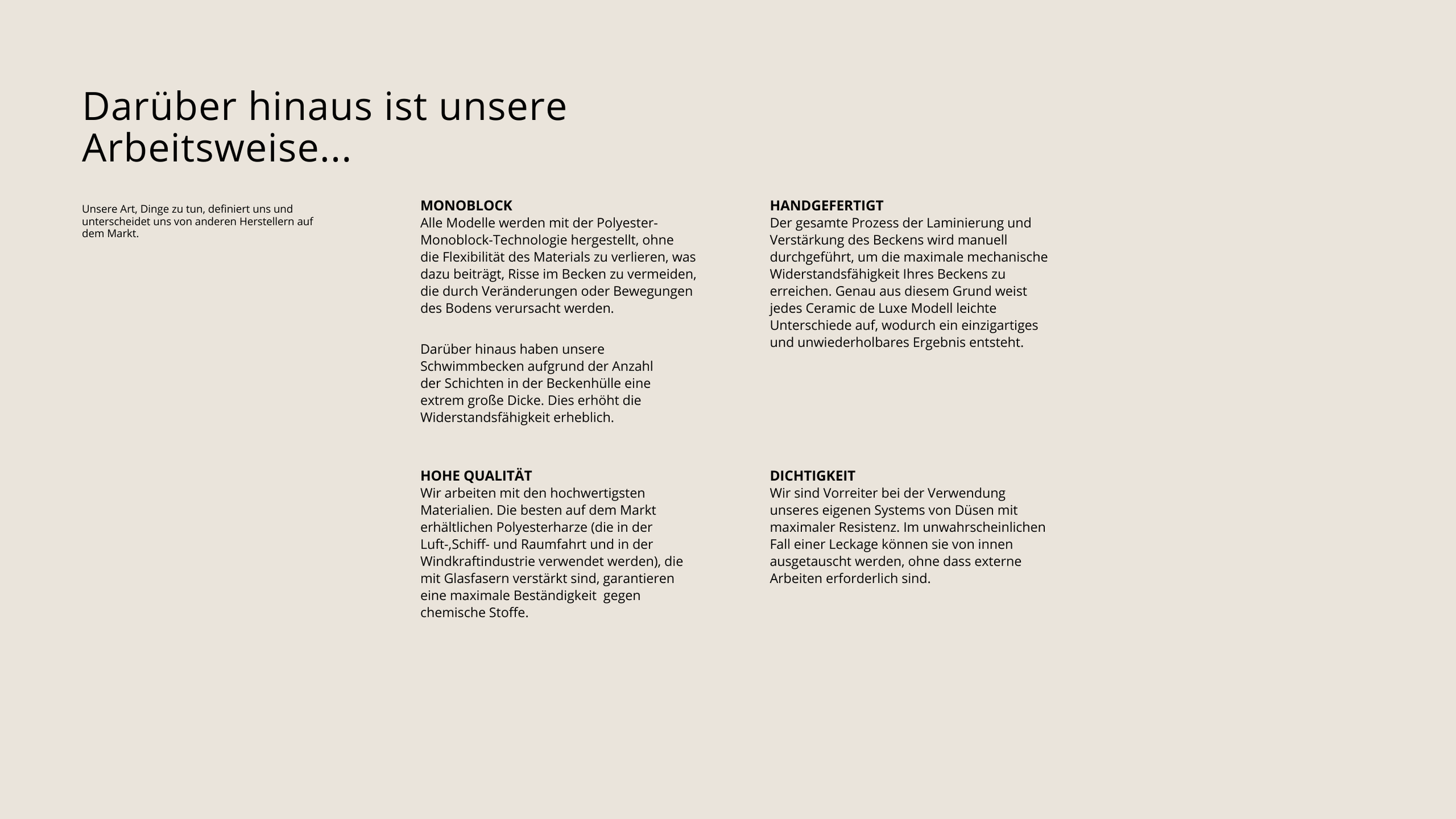 Textdokument auf beige Hintergrund mit Überschrift 'Darüber hinaus ist unsere Arbeitsweise...' und mehrere Absätze auf Deutsch, die verschiedene Arbeitstechniken und Qualitätsstandards beschreiben.