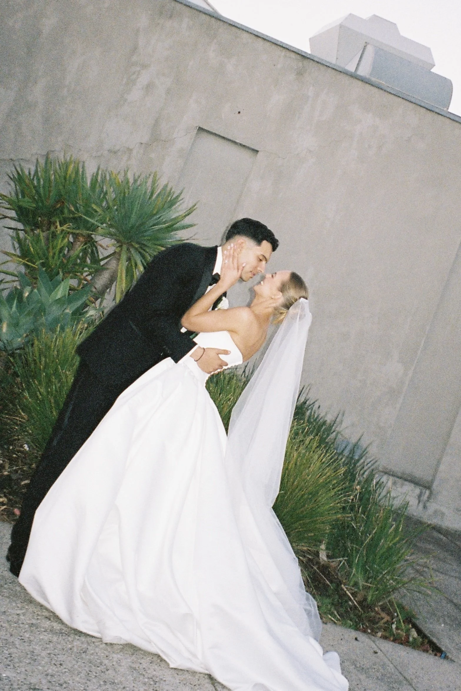 A bride and groom sharing a kiss outdoors, standing on a concrete surface near green plants and a concrete wall with a building visible above them.