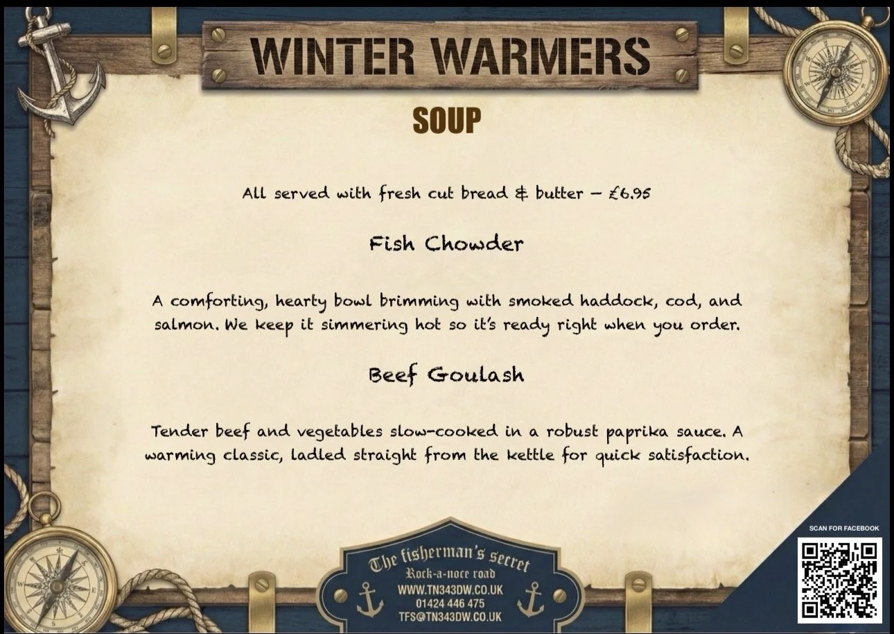 Menu board titled 'Winter Warmers' featuring soup options: Fish Chowder with smoked haddock, cod, and salmon, served with fresh bread and butter for £6.95; Beef Goulash with tender beef and vegetables in paprika sauce. Nautical-themed design with anchors, ropes, and compasses.