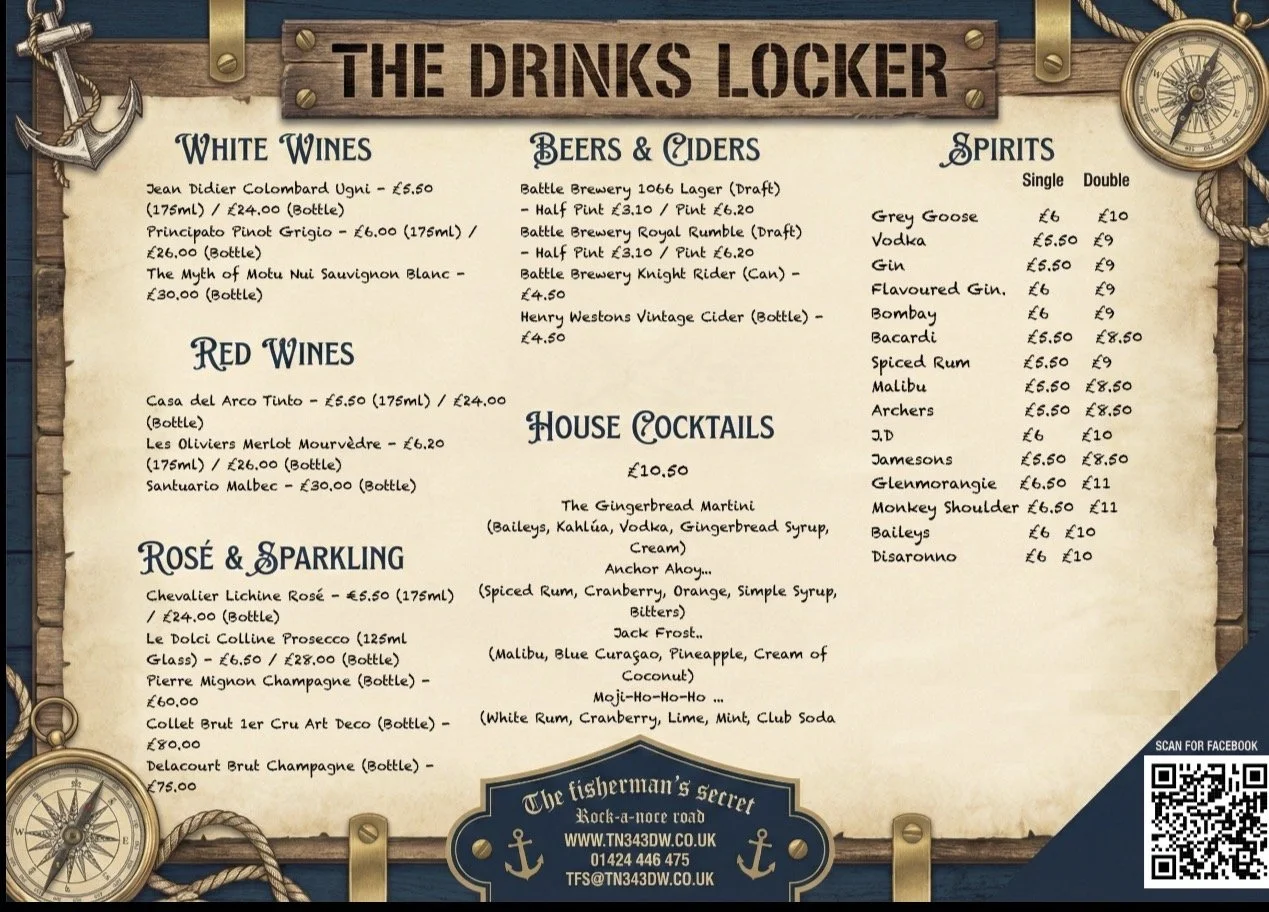Navigation board titled 'The Drinks Locker' with sections for White Wines, Red Wines, Rosé & Sparkling Wines, Beers & Ciders, House Cocktails, and Spirits, decorated with nautical theme icons like an anchor, compass, and rope.