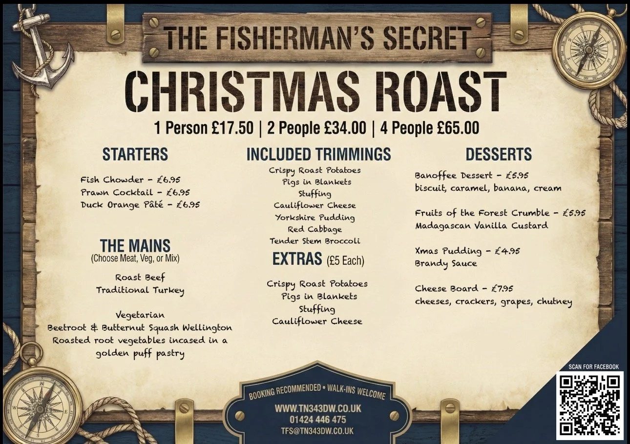 Menu for a Christmas roast at The Fisherman's Secret, featuring starters, included trimmings, mains, desserts, and prices for different group sizes. Nautical décor with anchors, compasses, and ropes.
