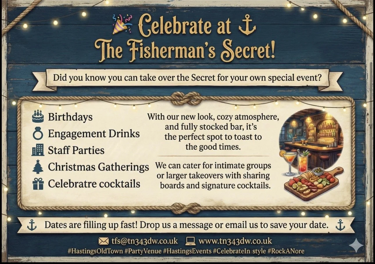 A nautical-themed promotional signboard with a dark blue wooden background, featuring string lights at the top. It promotes hosting private events like birthdays, engagement parties, staff parties, Christmas gatherings, and cocktail celebrations with a cozy bar setting. The sign includes illustrations of cocktails, a bar, and snacks, along with contact information and hashtags at the bottom.