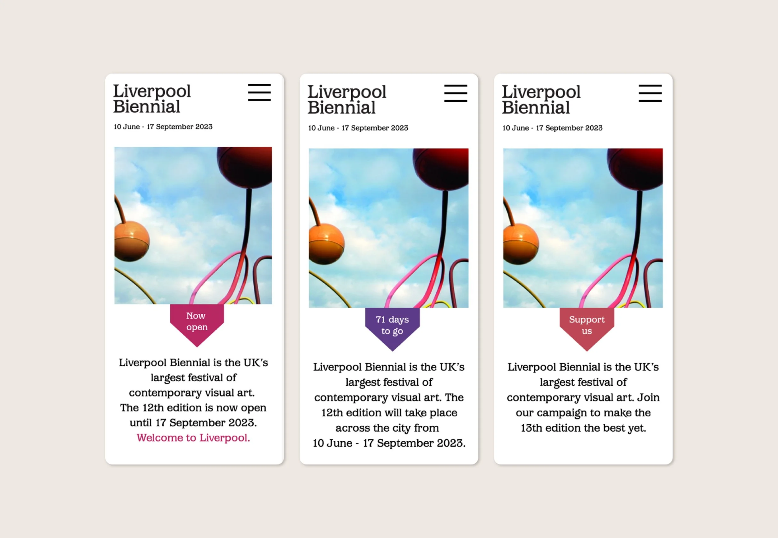 Three visuals of the website  homepage with three different flag labels to indicate the cycle of the festival.