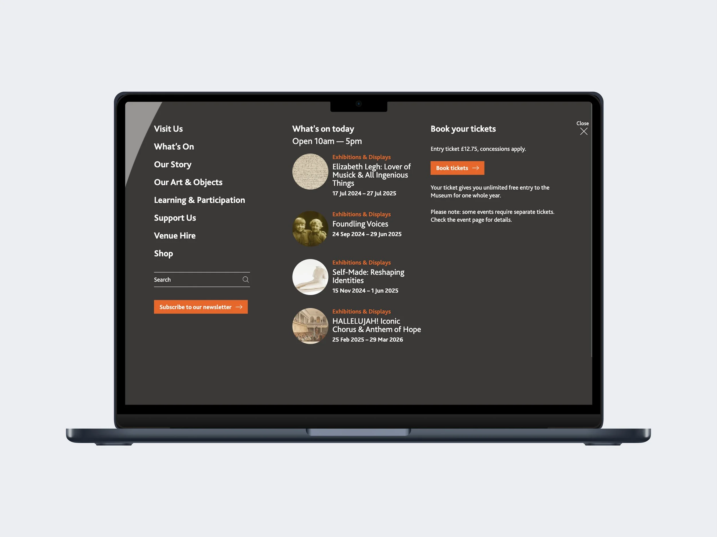 Visual of laptop screen showing the expanded menu on the Foundling Museum website.