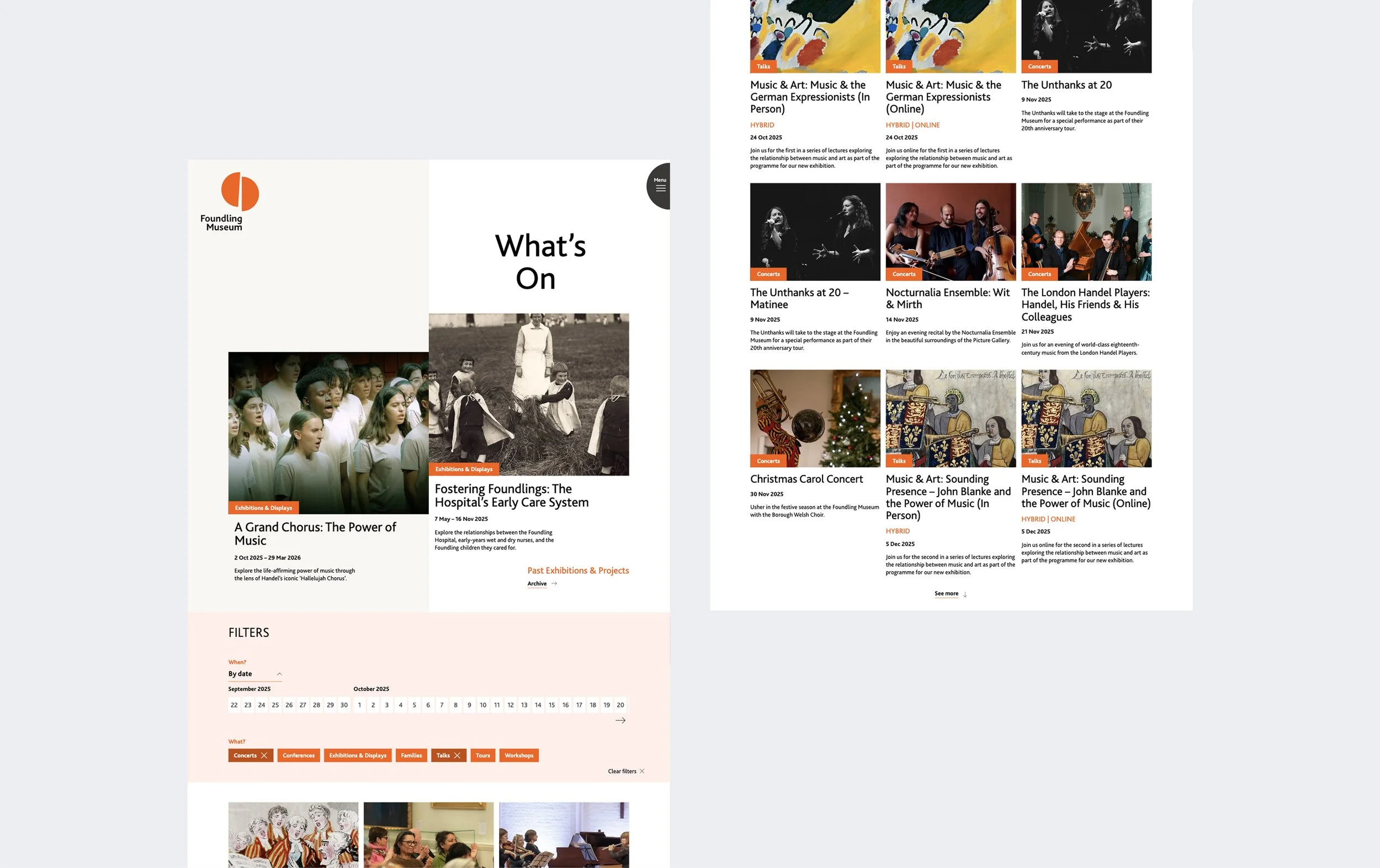 Screenshots of the What's on page on the Foundling Museum website.