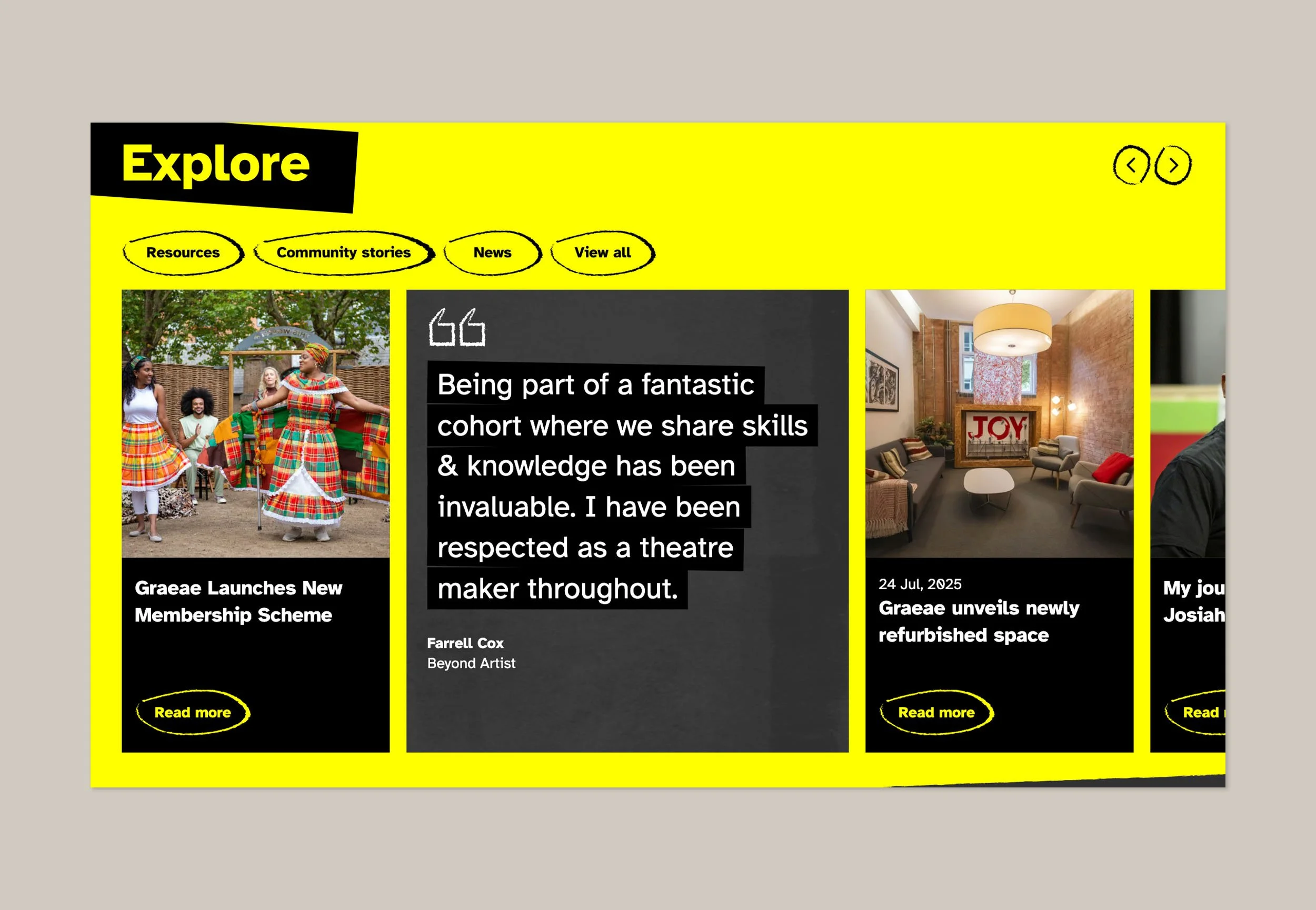A screenshot displaying the Graeae website in high contrast mode.