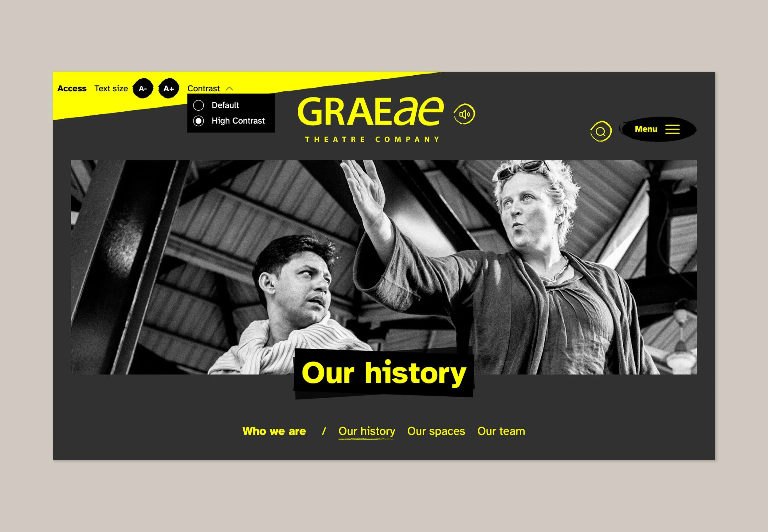 A screenshot displaying the Graeae website in high contrast mode.