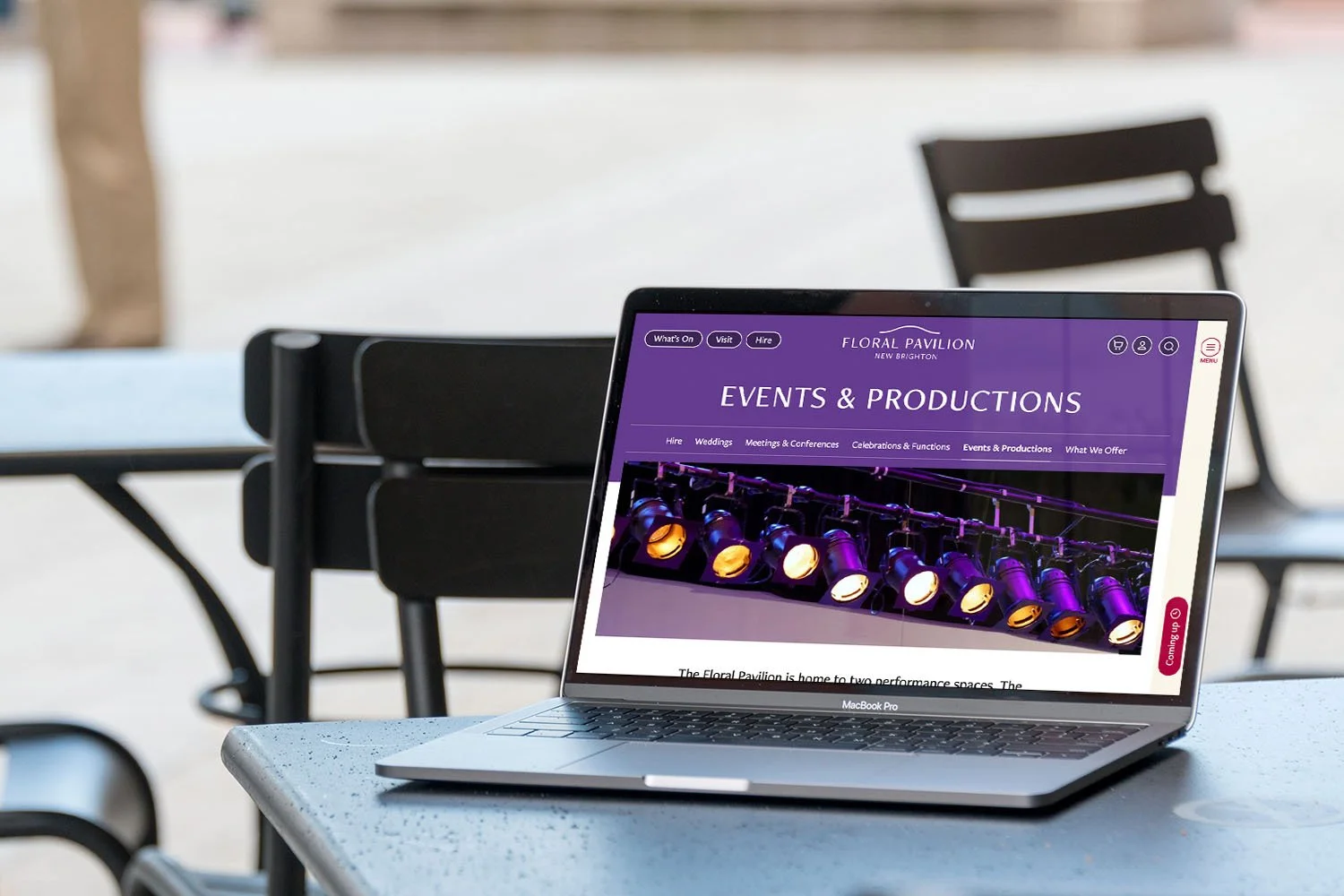 A macbook displaying the hire section on the Floral Pavilion website.