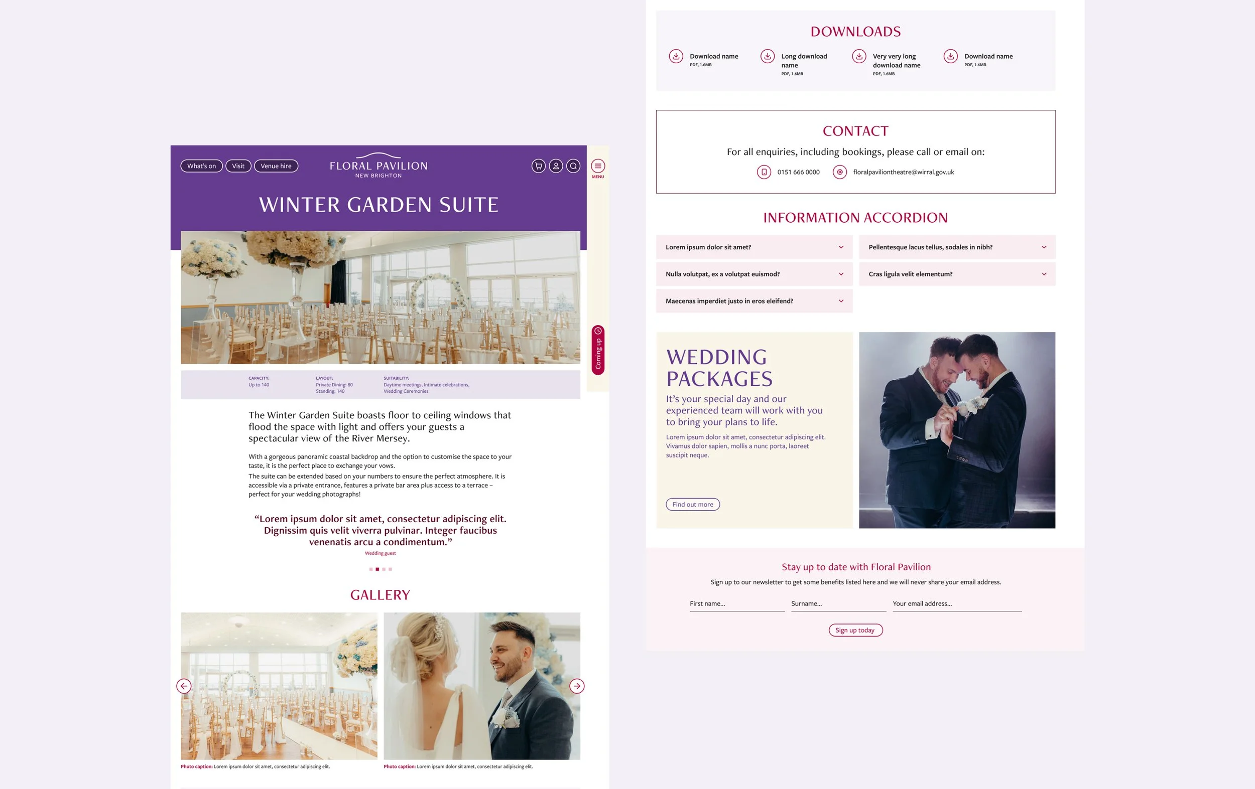 A screenshot displaying the hires section on the Floral Pavilion website.