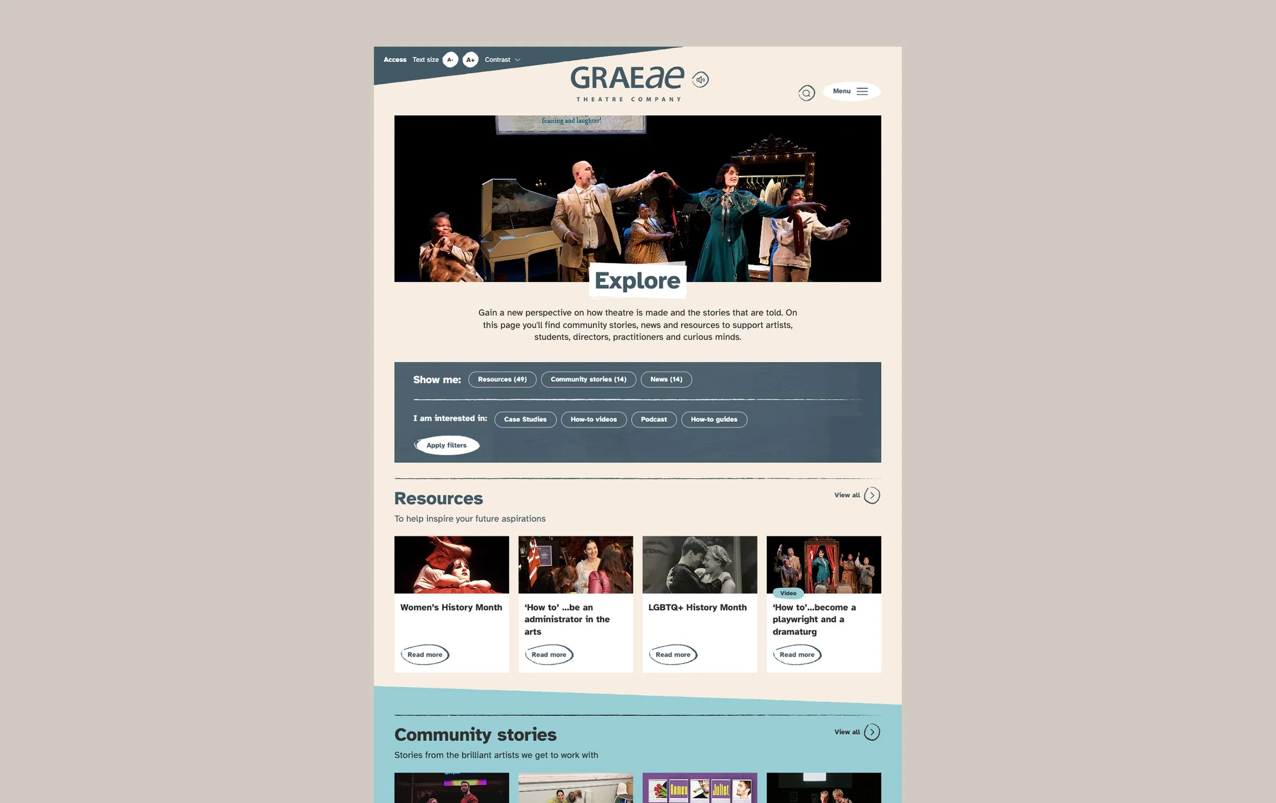 A screenshot displaying the filters in the Explore section of the Graeae website.
