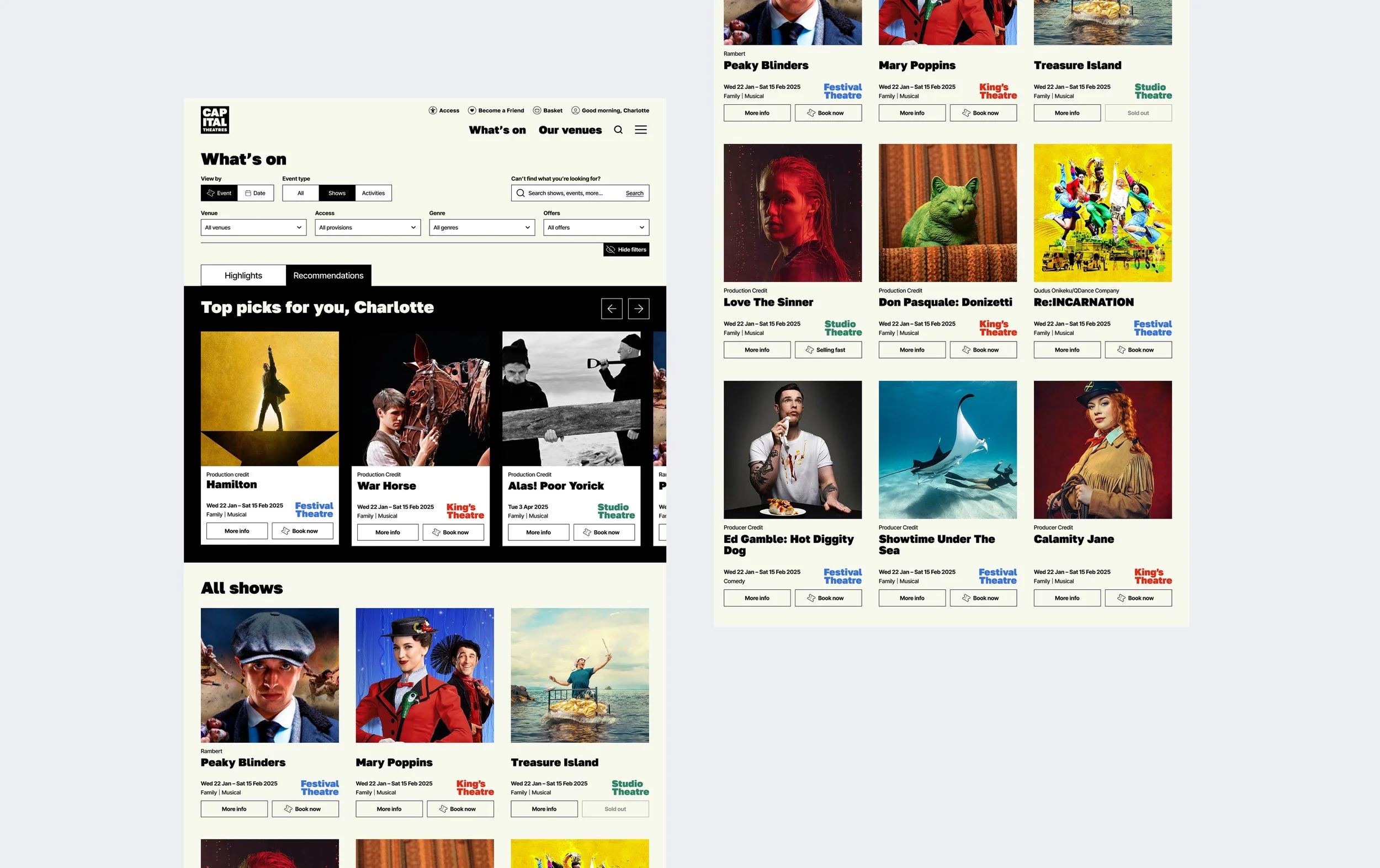 Screenshot of What's on page on Capital Theatre website.