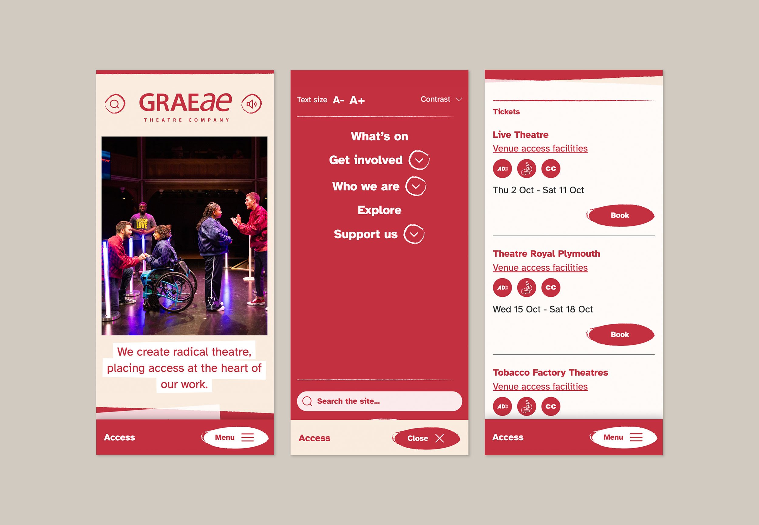 Three visuals displaying the website homepage, navigation and booking.
