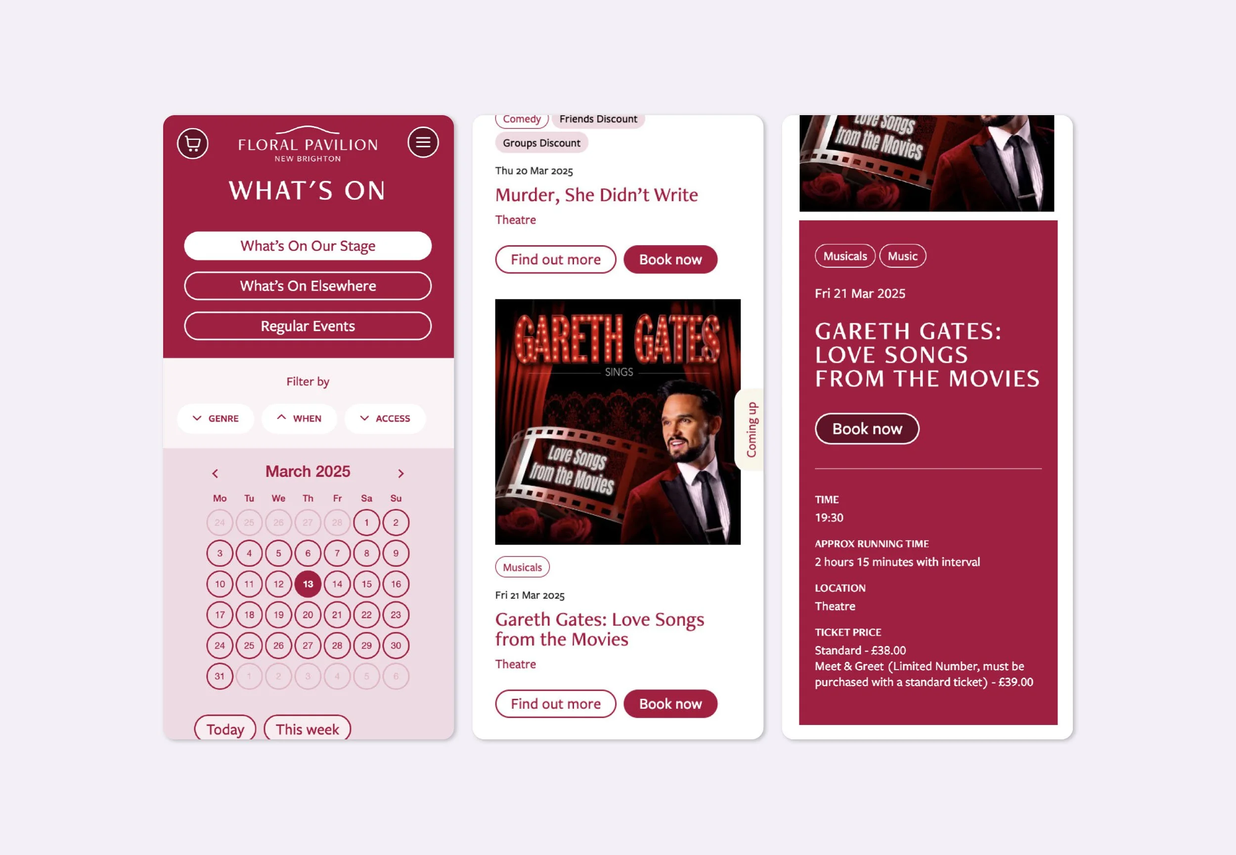 Visuals displaying the What's on and event pages on mobile devices.