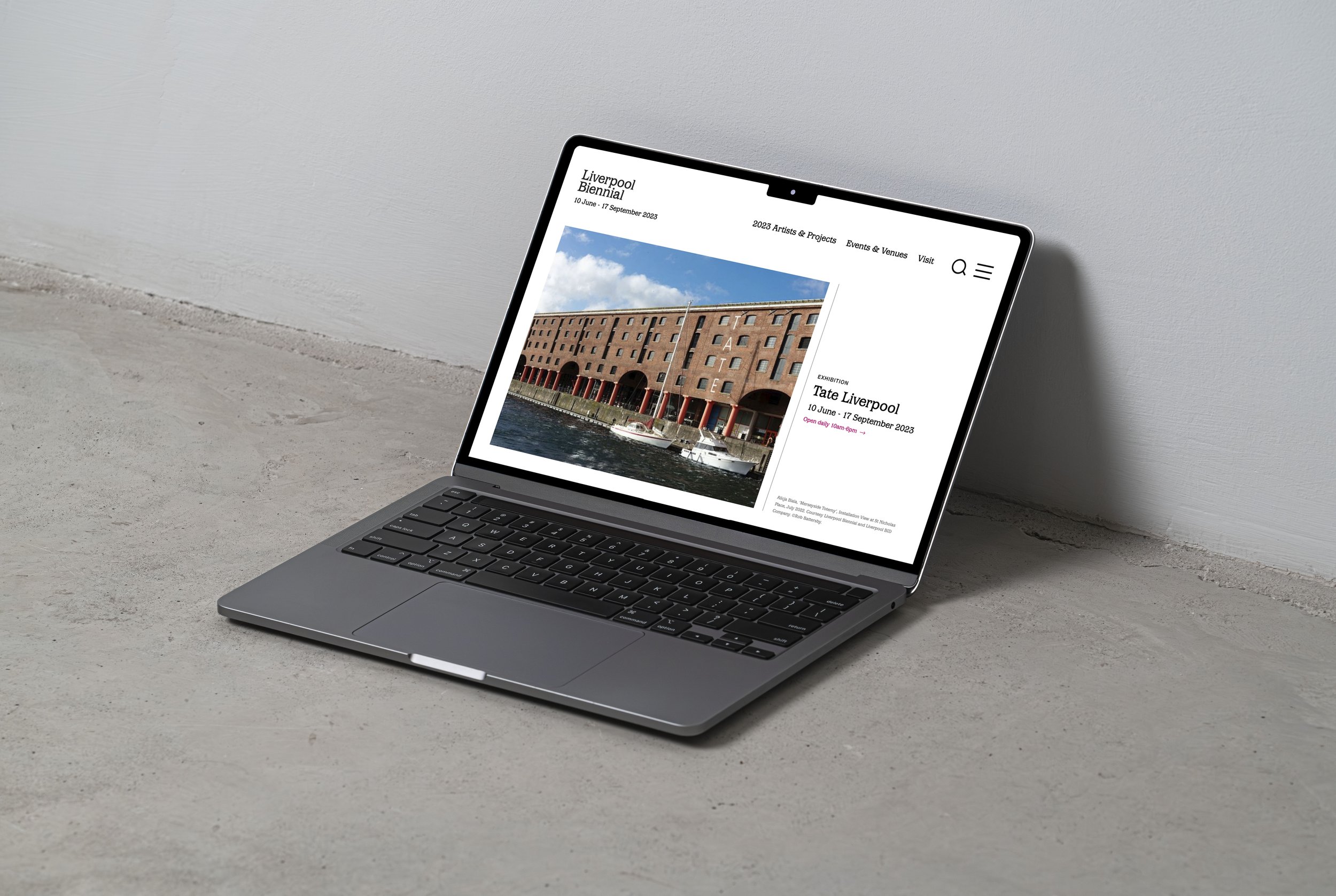 Laptop visual displayed a venue page on the Liverpool Biennial website.
