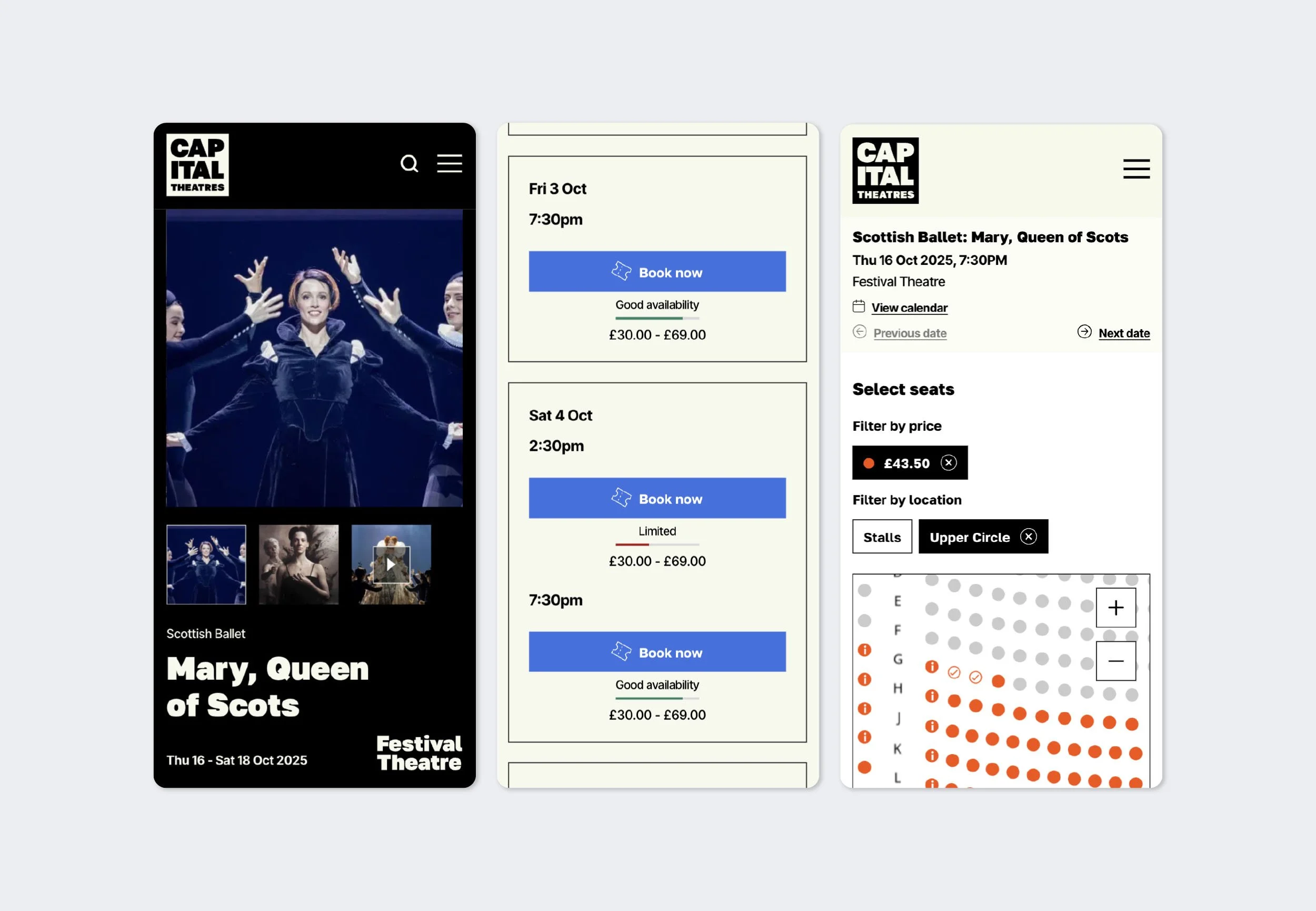 Visuals of mobile devices showing progress through the booking pathway on the website.